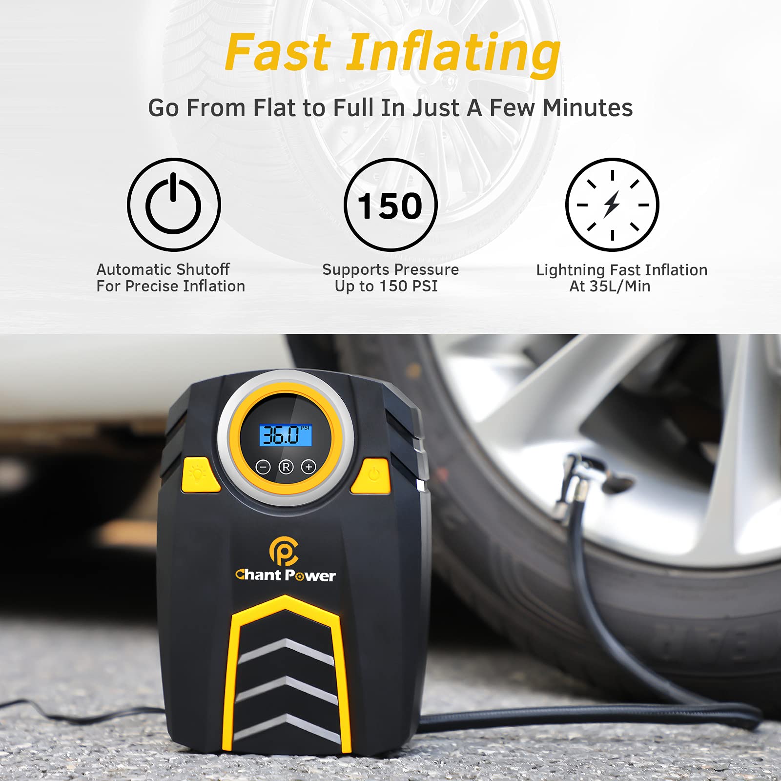 C P Chantpower Air Compressor Tire Inflator,12V Dc Car Tire Pump With Digital Pressure Gauge, 150Psi With Car Power Adaptor, Aut