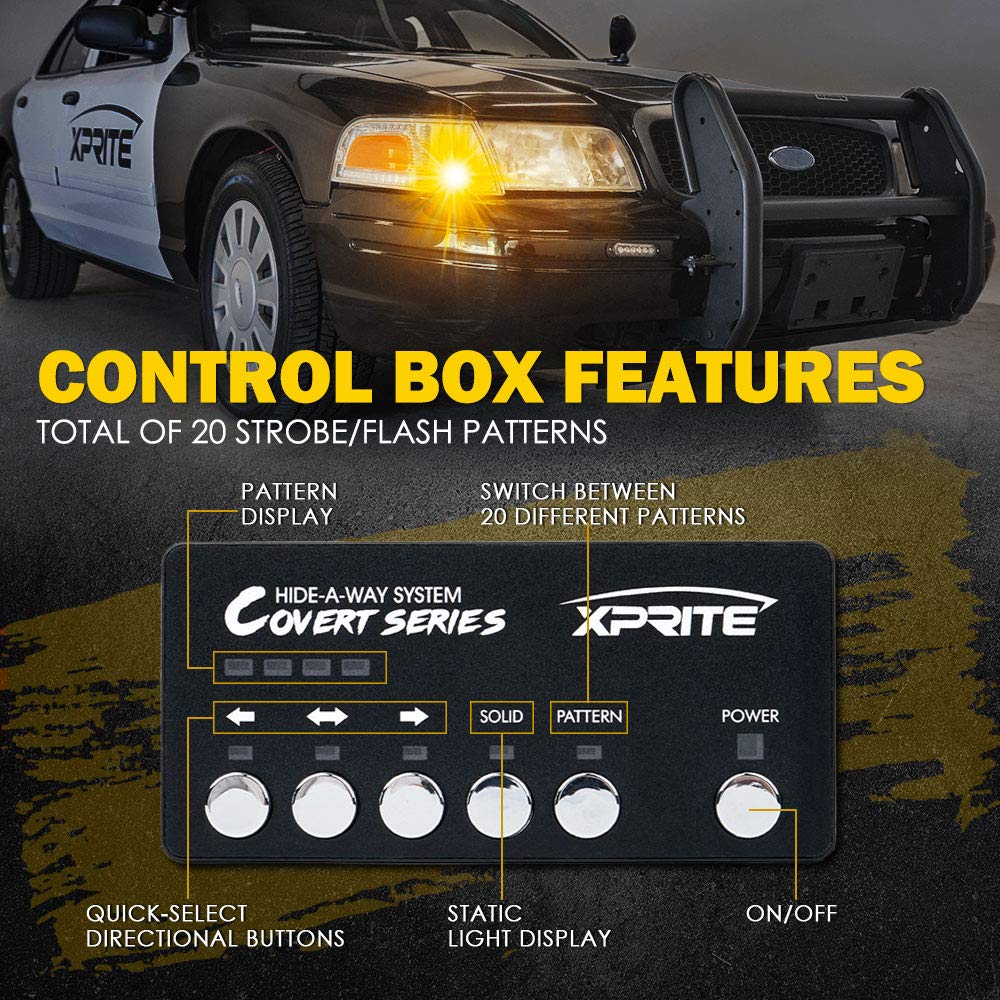 Xprite Amber LED Strobe Lights Kit - 20 Flashing Patterns, 4 Pcs for Emergency Vehicles, Model 52013-4-Y