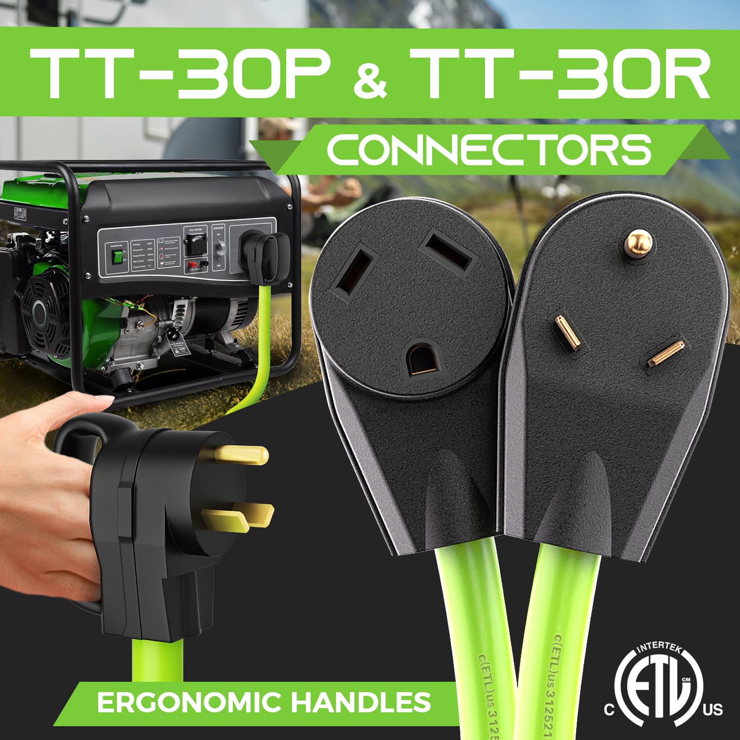 GEARit 30-Amp RV Extension Cord, 100ft 10/3 STW Outdoor Power Cable, NEMA TT-30P to TT-30R, Green