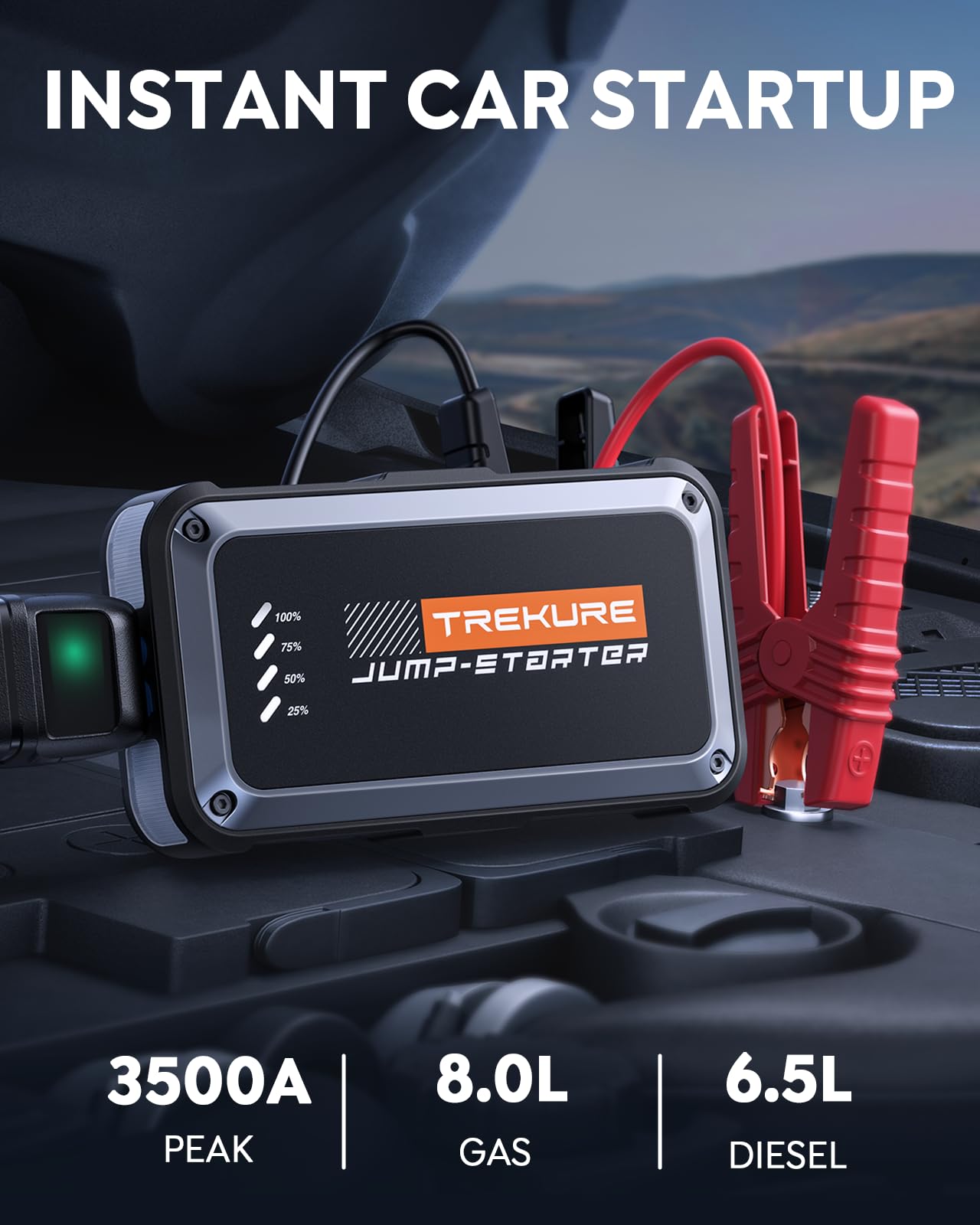 TREKURE Portable Car Battery Jump Starter 4000A, 16800mAh, Fast Charge, Compact Design, Model TK10, for 8.0L Gas/6.5L