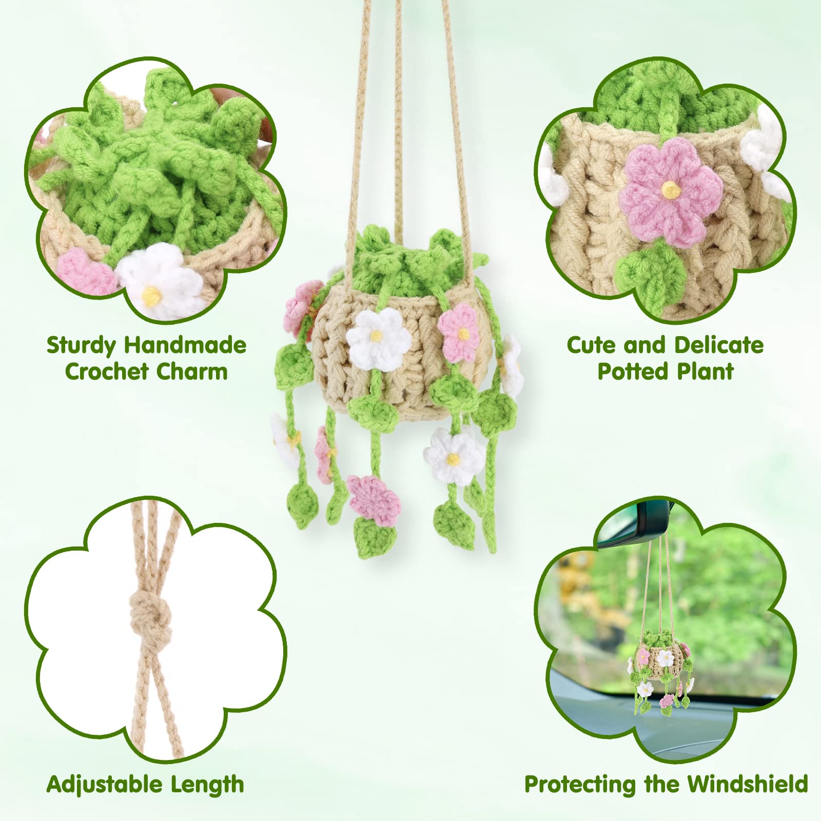 Vansolinne Cute Car Accessories Crochet Hanging Basket Flower Plant Car Ornament For Rearview Mirror Decor Interior Aesthetic Pl
