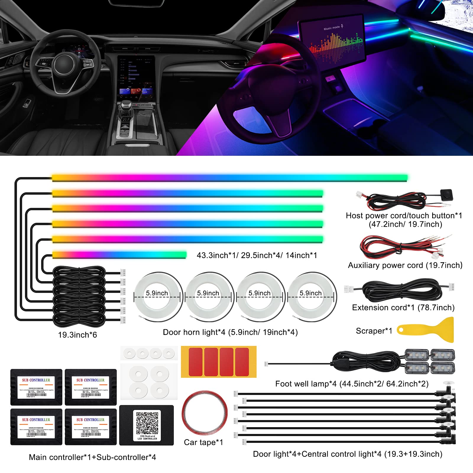 Dreamcolor Acrylic Interior Car Led Strip Light With Wireless App, Rgb 22 In 1 With 175 Inches 593 Leds Fiber Optic Ambient Ligh