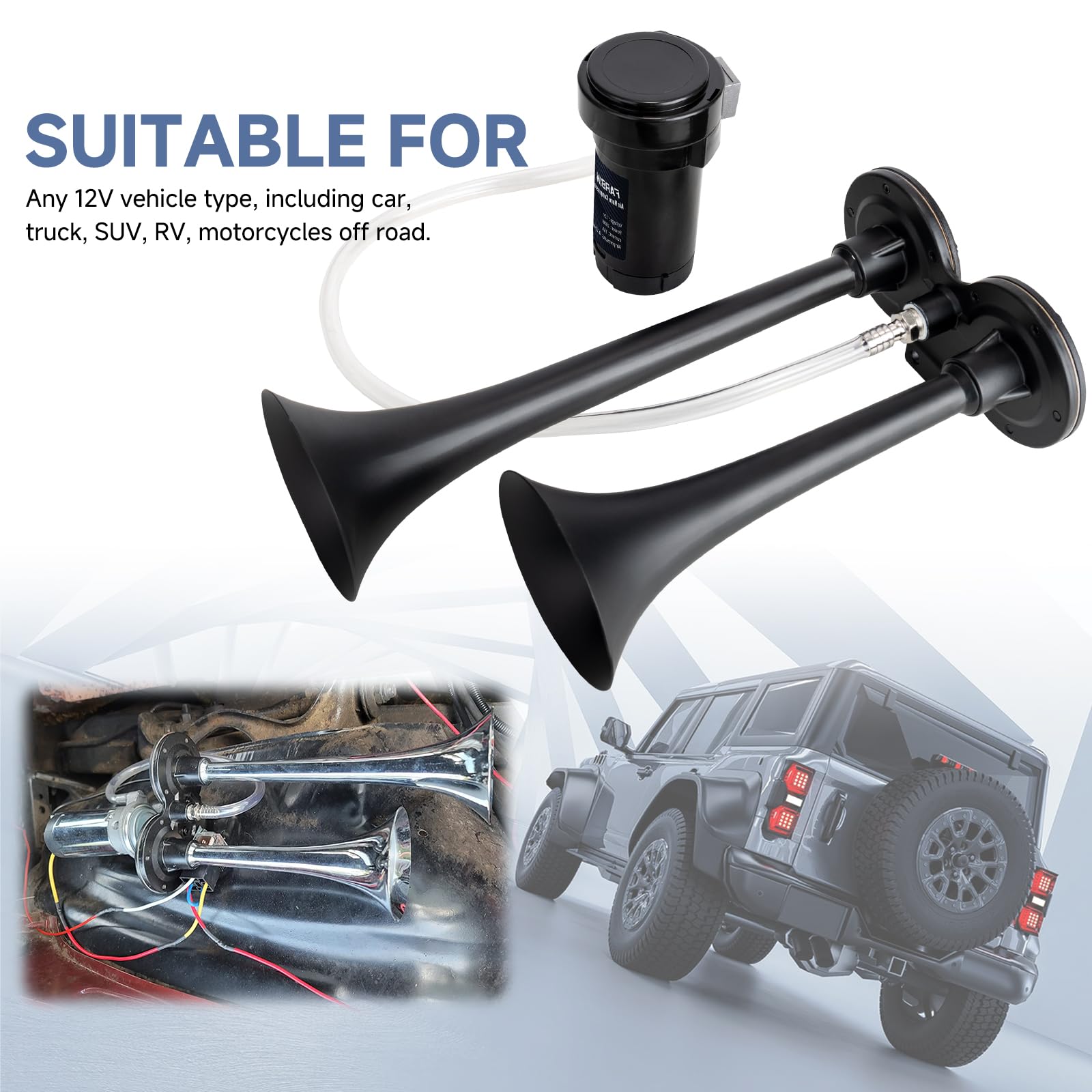 Farbin Car Horn 12V 150Db Super Loud Air Horn, Dual Trumpet Train Horns Kit For Trucks, Truck Horn With Compressor And Wire Harn