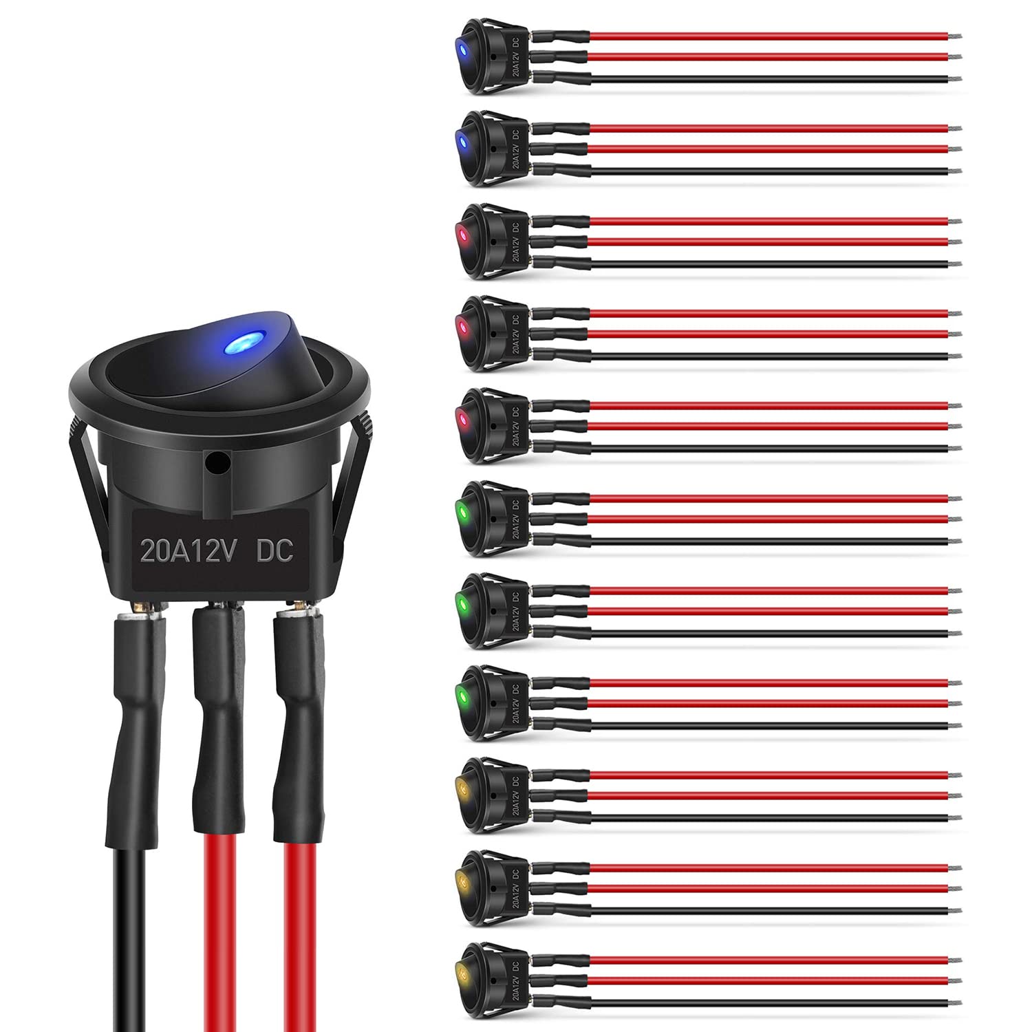 Nilight 12Pcs Rocker Toggle Switch 3Pins 12V 20A Wired Round Led Light Power On Off Switches Spst For Car Truck Vehicle Trailer