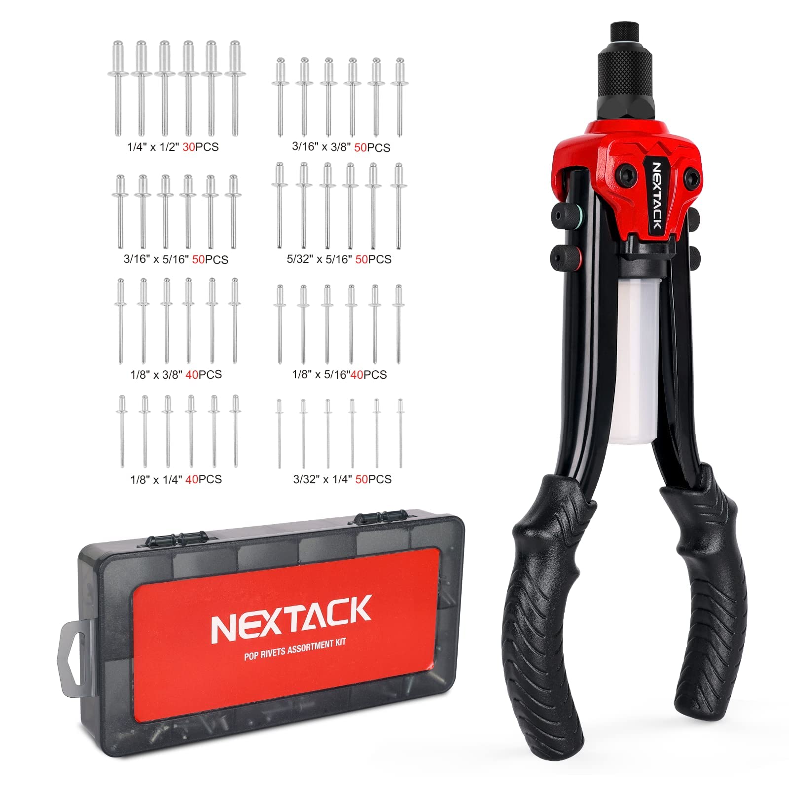 NEXTACK Rivet Gun Kit, 1/4 Pop Rivet Gun w/ 350 Assorted Rivets, 13 '' Full Metal Two-Handed Heavy Duty Riveter Tool Setter with