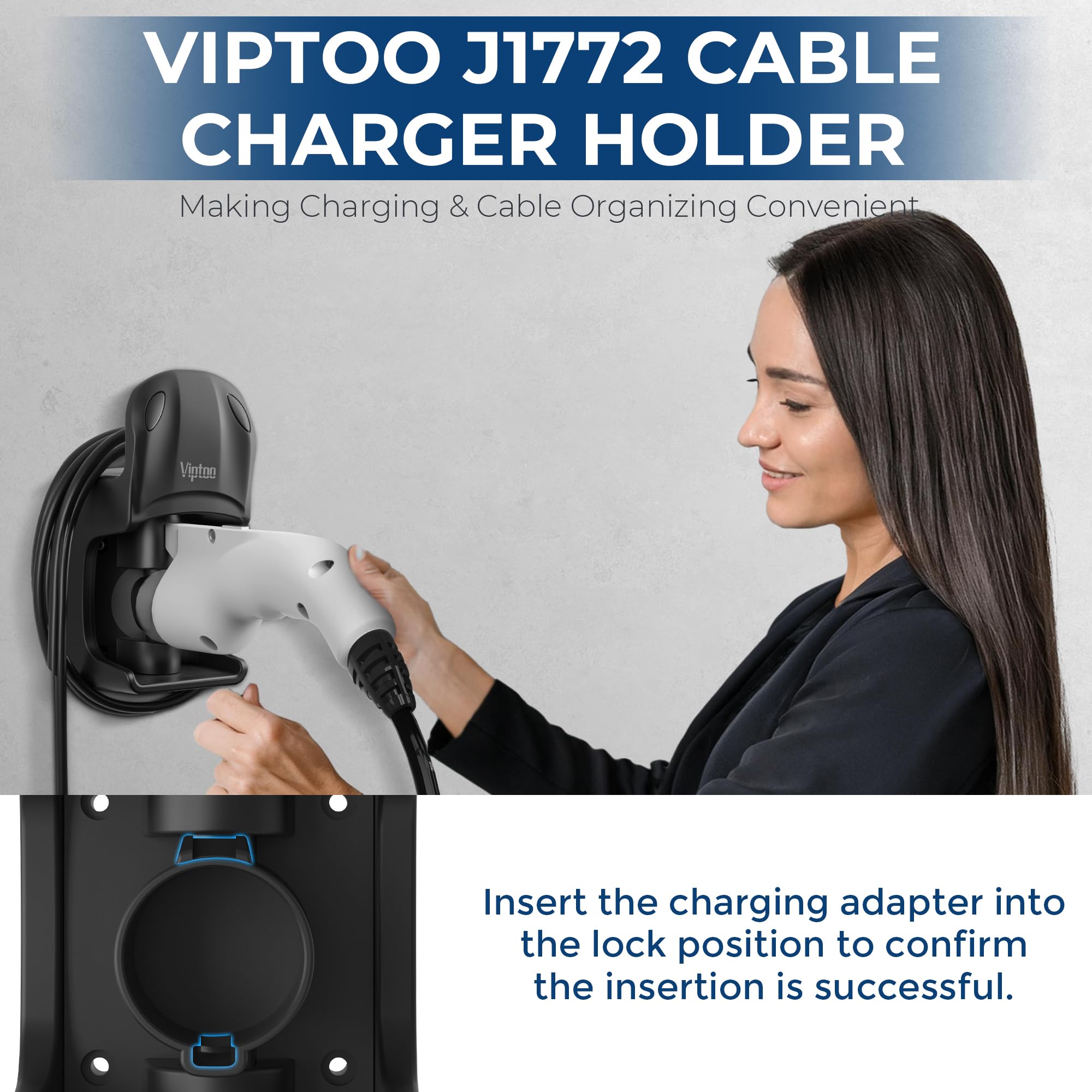 VIPTOO EV Charger Holder - Adjustable SAE J1772 Wall Mount with 5-Level Rotation (0°-180°) - EV Charger Cable Organizer - Model DD305