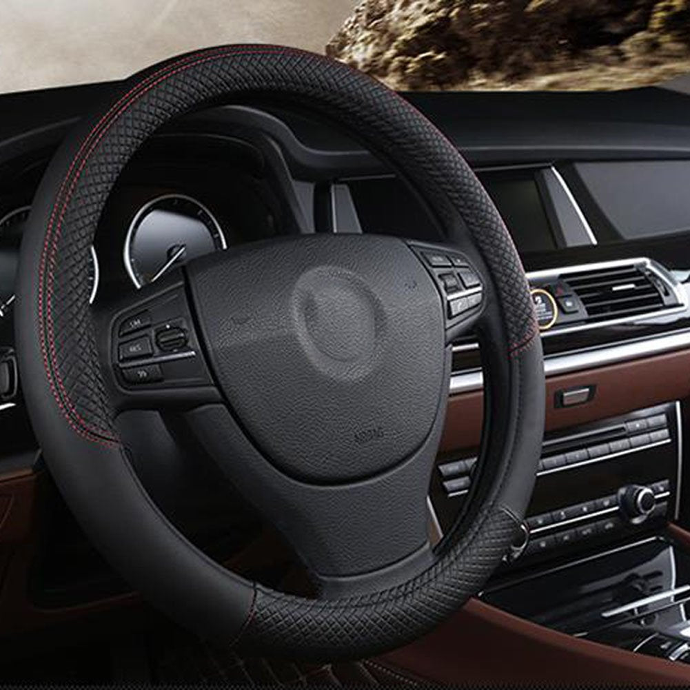 Shiawasena Car Steering Wheel Cover, Leather, Universal 15 Inch Fit, Anti-Slip & Odor-Free (Black)