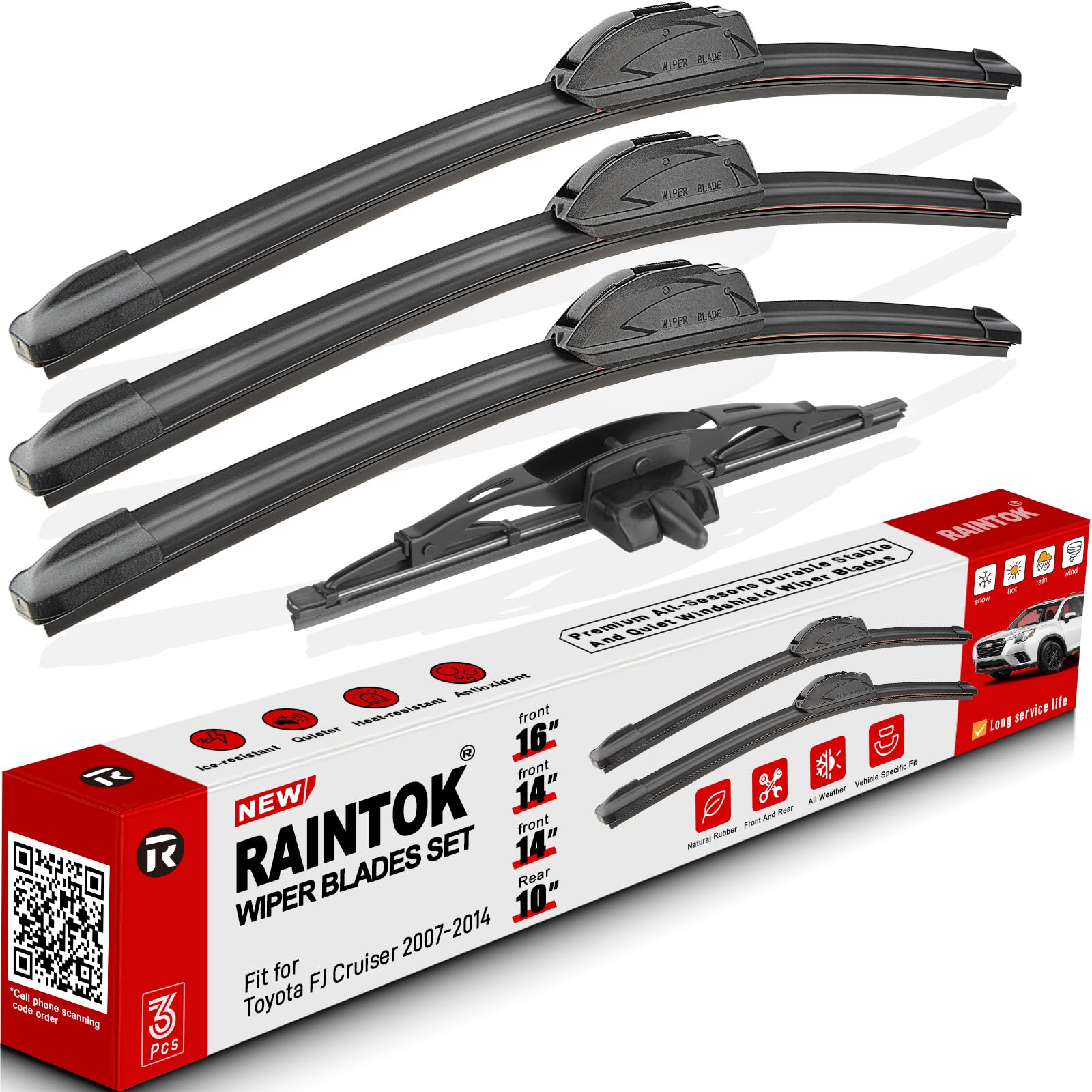 Raintok Windshield Wiper Blades Set - Front & Rear Replacement for 2007-2014 Toyota FJ Cruiser, Natural Rubber, 16" 14" 14" 10
