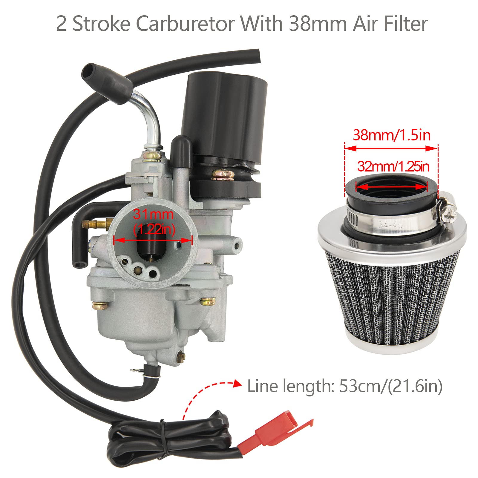 CMOOD 2 Stroke Carburetor for Dinli 50cc-110cc ATV Quad, Model PZ20 with 38mm Air Filter