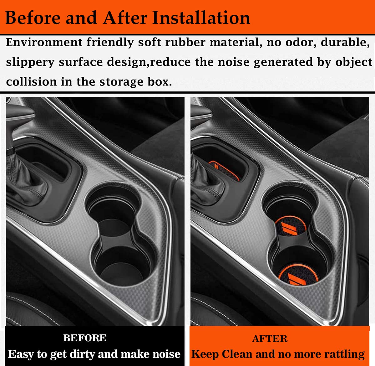 Auprite Non-Slip Rubber Cup Holder Liners for Dodge Challenger 2015-2022, Orange, 11 Pcs, Custom Fit Accessories
