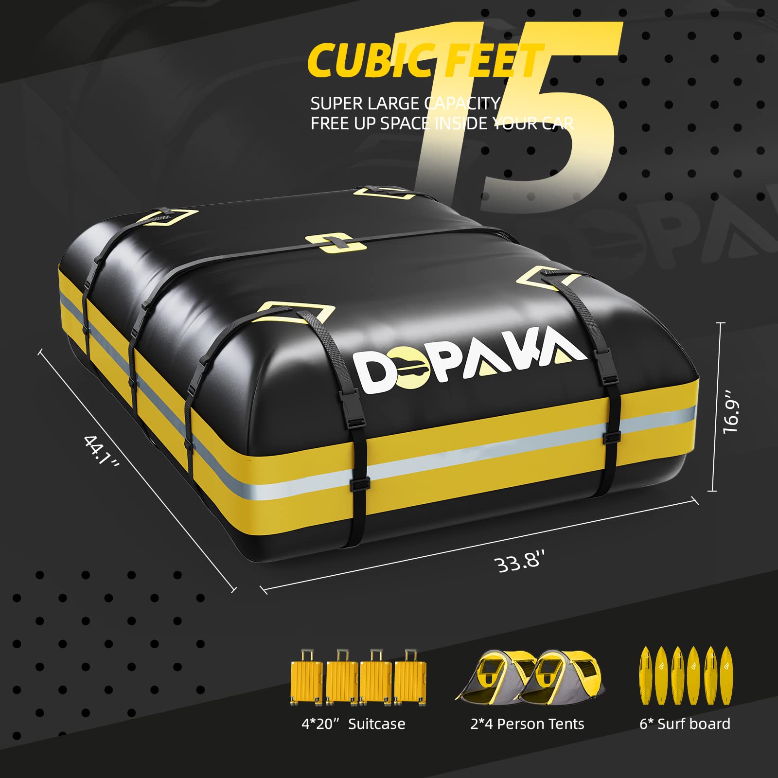 Dopaka Car Rooftop Cargo Carrier Bag, 100% Waterproof, 15 Cu Ft, Heavy Duty PVC, Model DPK-05, Includes Anti-Tear Mat & Luggage Lock