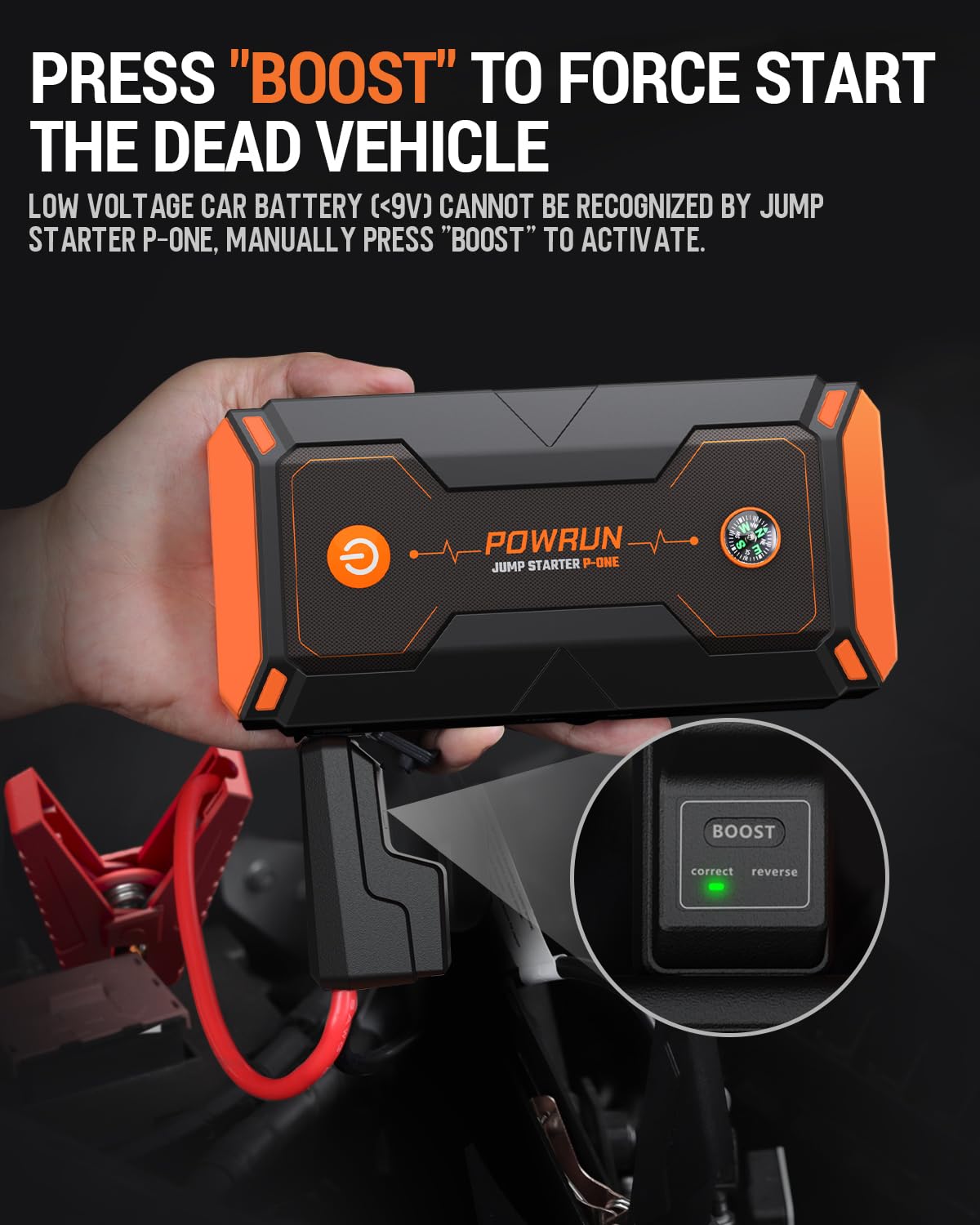 Powrun P-ONE Jump Starter 2000A - Portable Car Battery Booster for 8.0L Gas & 6.5L Diesel Engines, 12V, LCD Display, Orange,