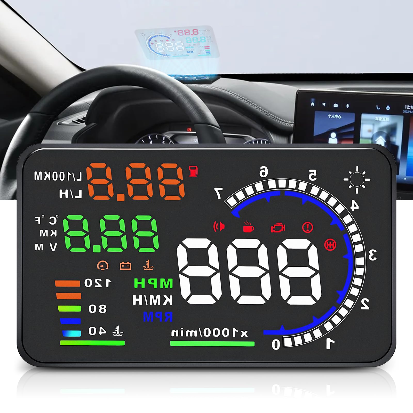 REENKEY 5.5 Windshield Head Up Display for Car,OBDII/EUOBD Interface Plug Car Hud Screen with Water Temperature, Mileage, RPM, M