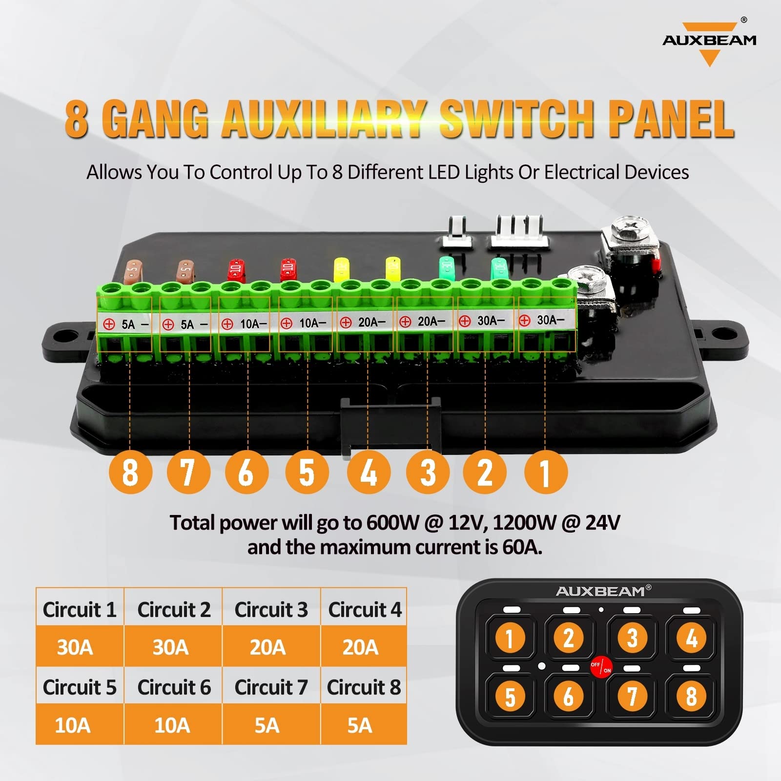 Auxbeam 8 Gang Switch Panel BA80, Metal, Upgraded Touch Switch Box for Car, Truck, Jeep, Boat, Blue, 2 Year Warranty