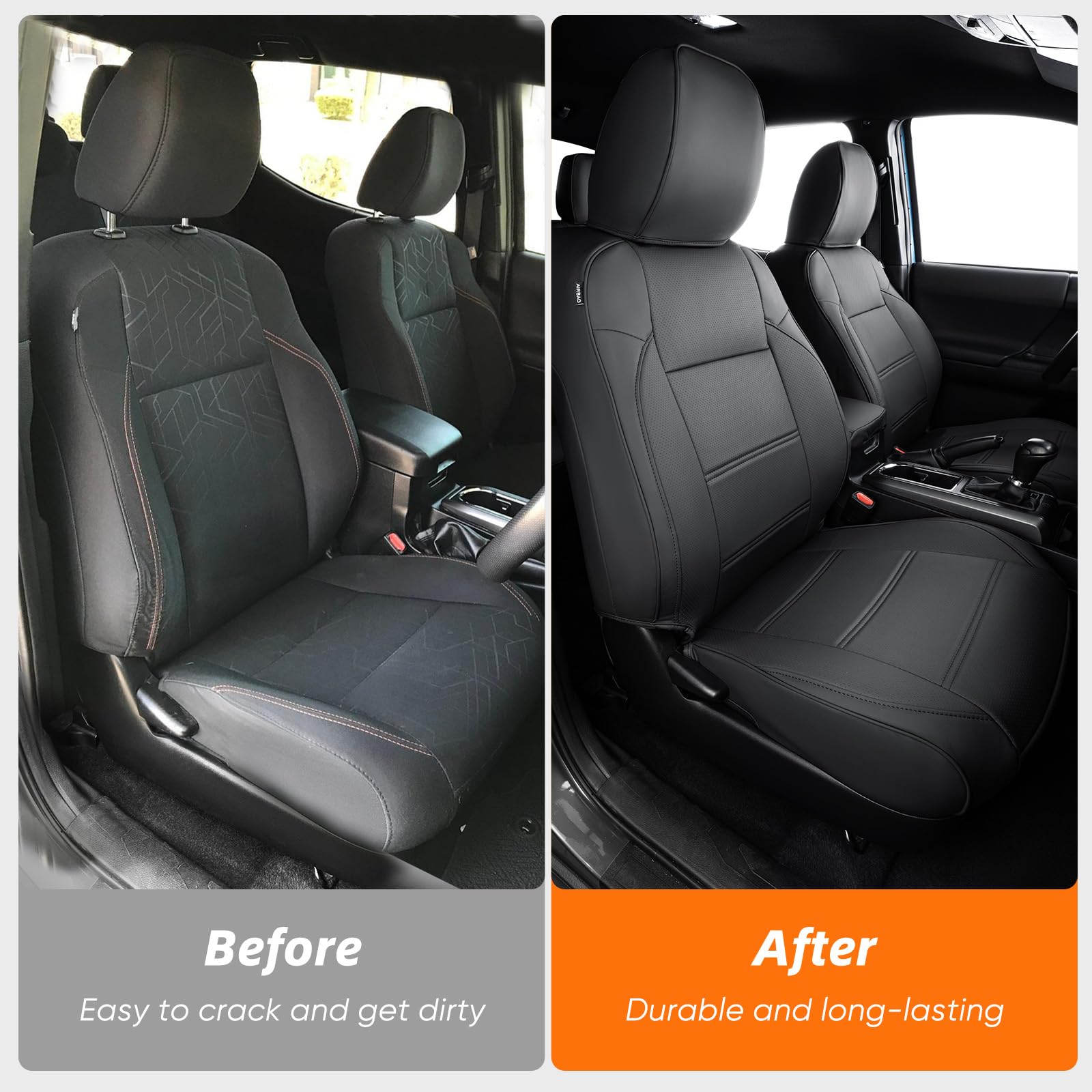 DrCarNow Leather Seat Covers for Toyota Tacoma 2016-2023, Waterproof, Full Set, Black, Model DR000TTFF