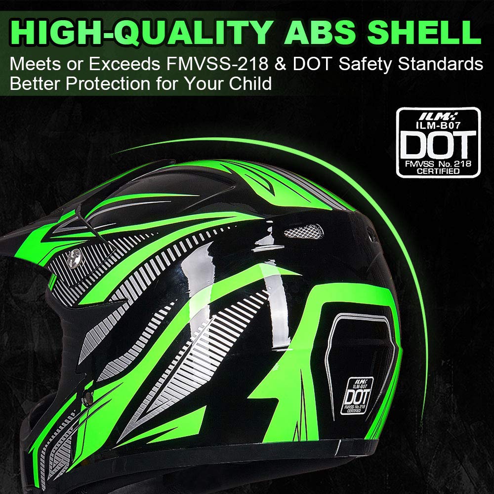 Ilm Youth Kids Atv Motocross Helmet Goggles Sports Gloves Dirt Bike Motorcycle Off Road Dot Approved B07 (Youth-S, Green/Silver)