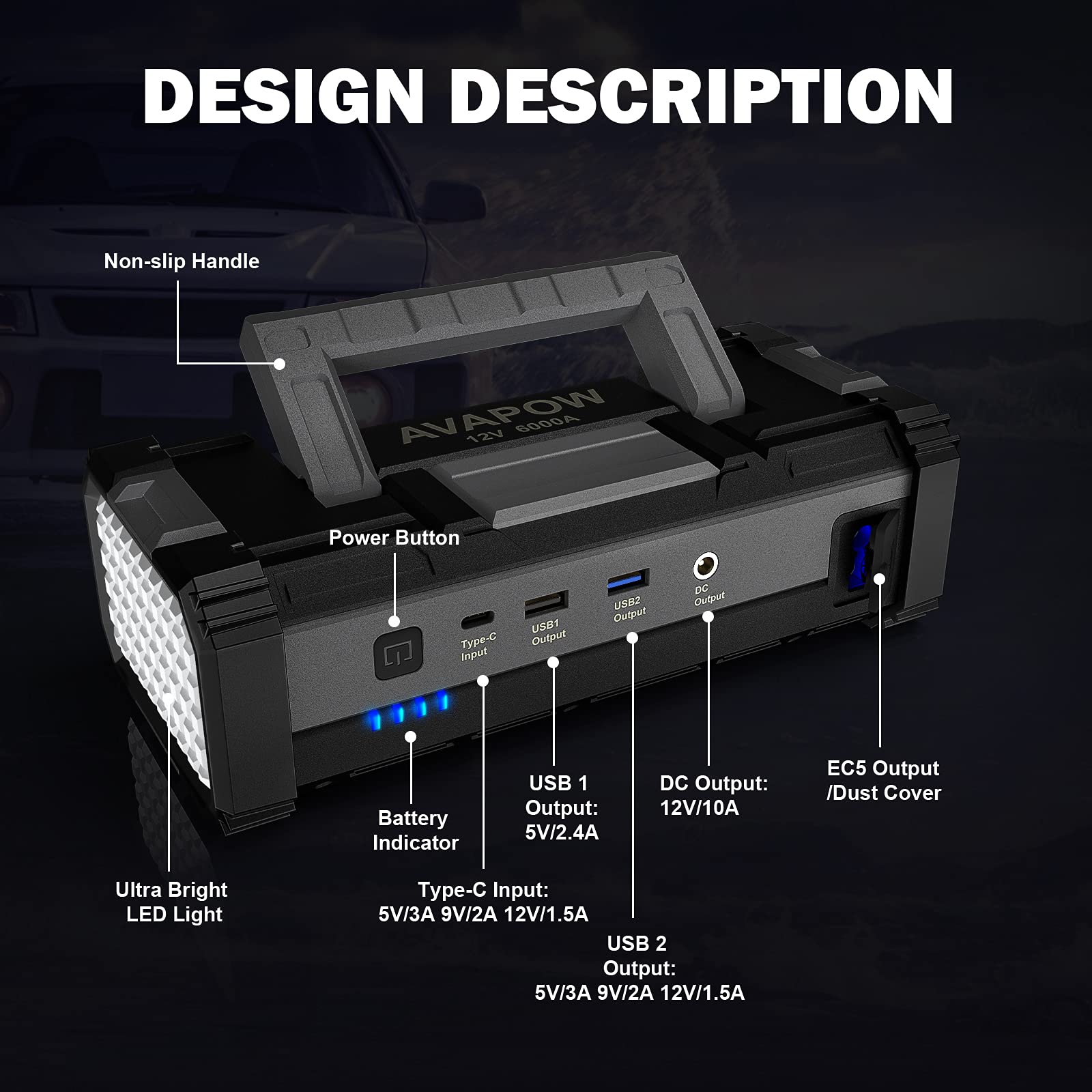 AVAPOW 6000A Car Battery Jump Starter for Gas & Diesel Vehicles, Dual USB Quick Charge, 12V with LED Light