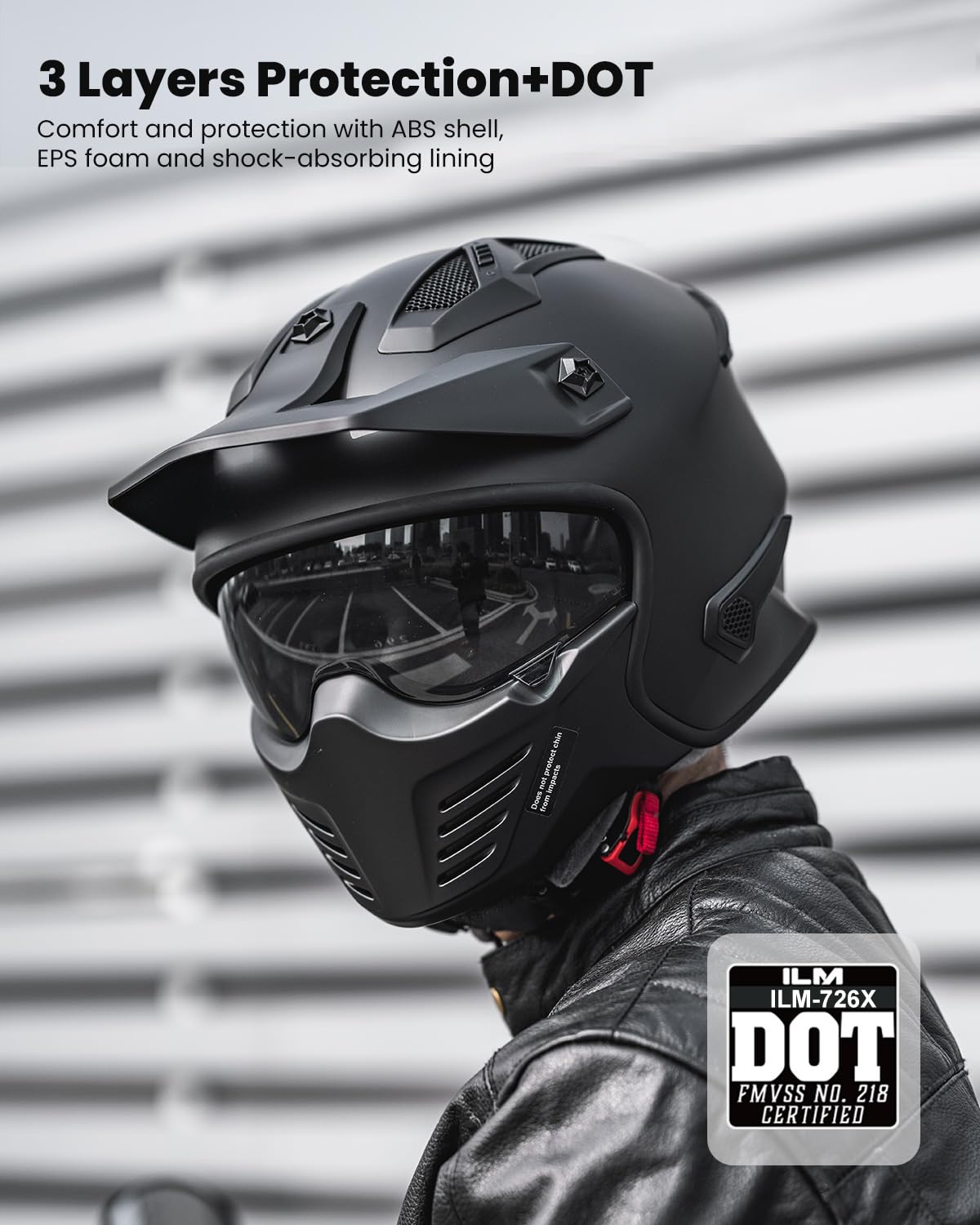 Ilm Open Face Motorcycle 3/4 Half Helmet For Dirt Bike Moped Atv Utv Motocross Cruiser Scooter Dot Model 726X (Matte Black,Xl