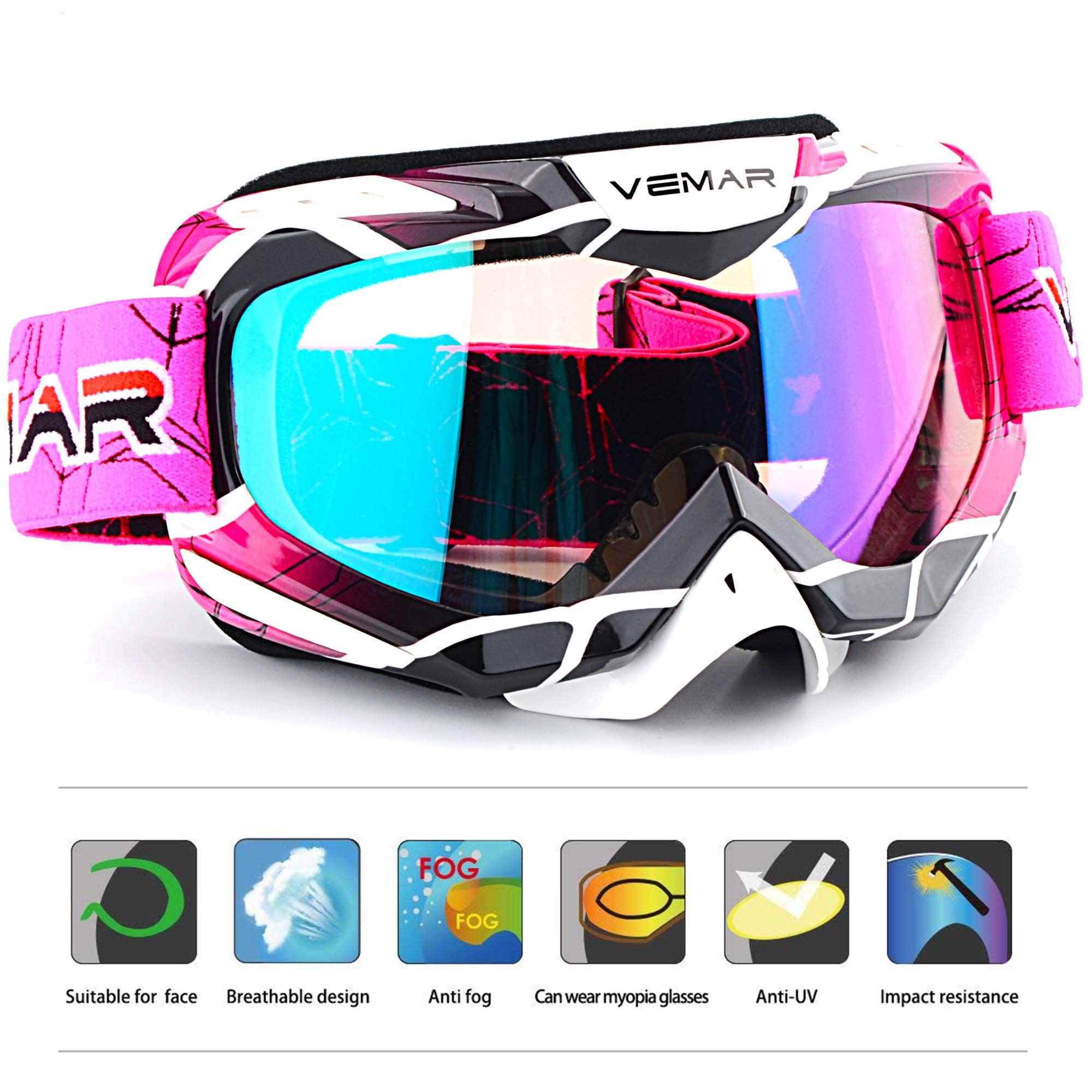 Ubelly Motorcycle Motocross Goggles, Pink, Windproof, Dustproof, Scratch Resistant, Tactical Riding Glasses