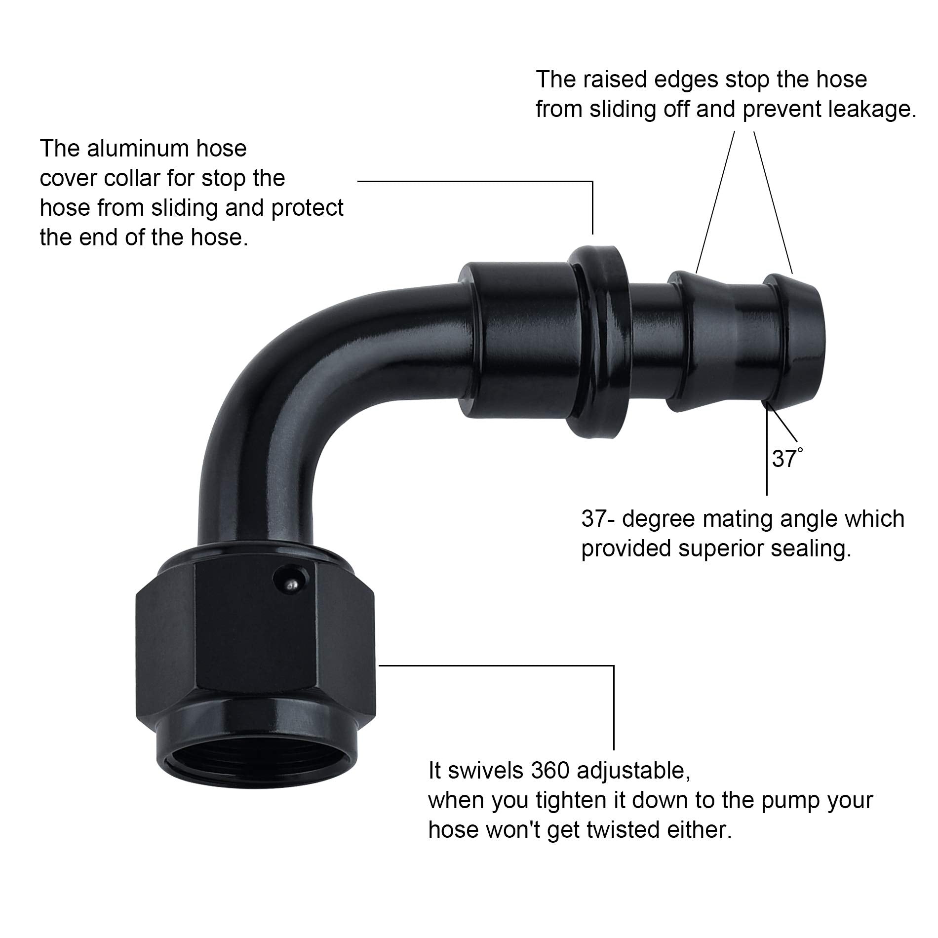Sykrss 8An 90 Degree Push Lock Swivel Hose End Fitting For Rubber Fuel Line Black