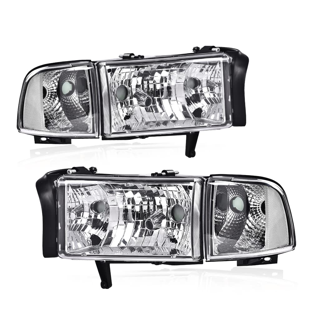 Grand Orange Headlights, Compatible With Dodge Ram 1500 2500 3500 1994 1995 1996 1997 1998 1999 2000 2001 2002 Clear Lens Chrome Housing Clear Reflector