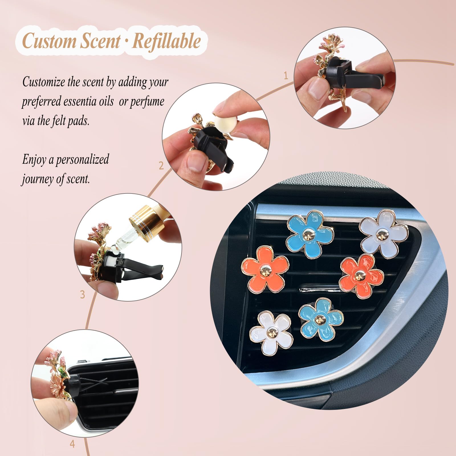 Oriesse 6Pcs Flower Car Air Freshener Vent Clips,Pink Yellow Yellow Daisy Air Vent Clip Car Accessories For Women,3.3Cm/3Cm Flow