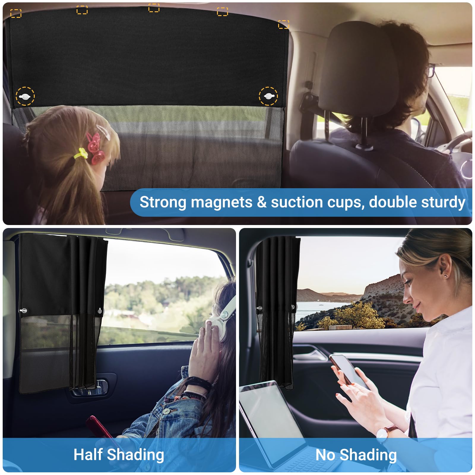 Car Window Shades, 2 Pcs Half Blackout & Half See-Through Magnetic Sun Shade For Rear Window Covers With Fixed Suction Cups,Car