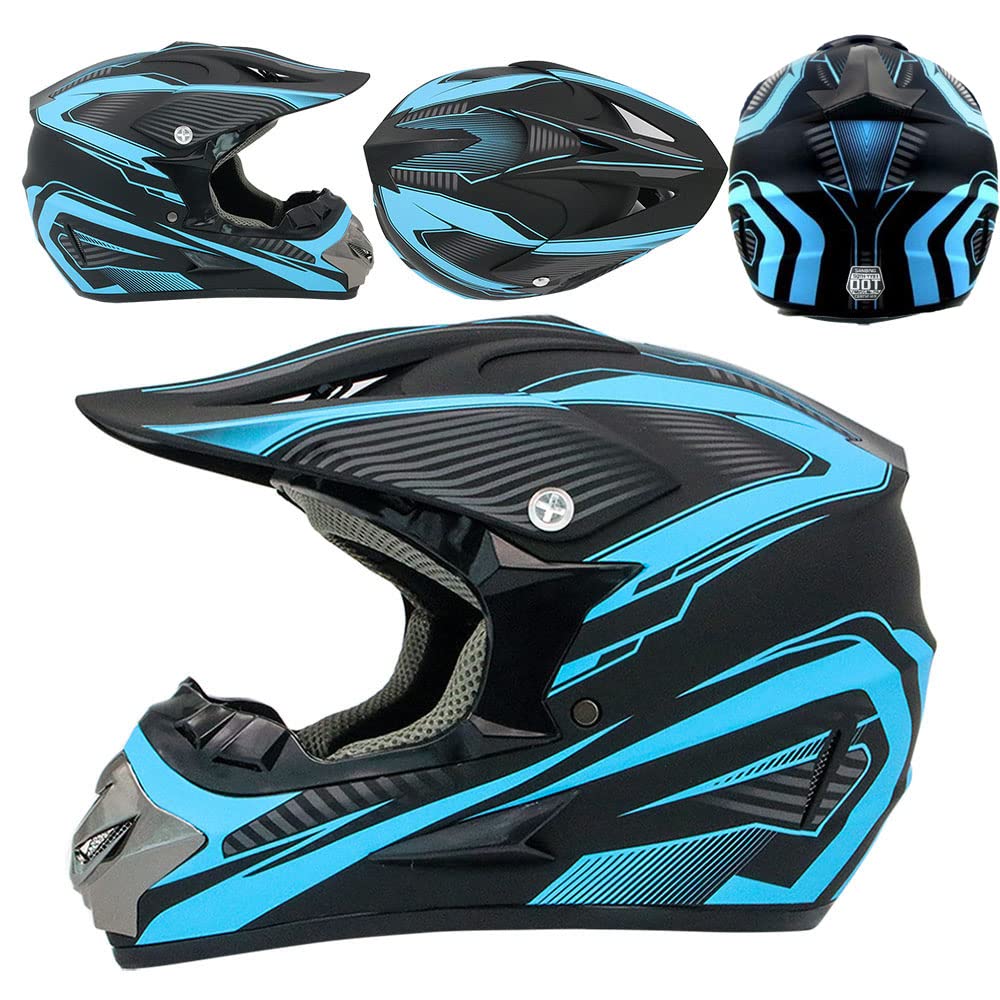 Motocross Helmet,Adult &Youth Trend Full Face Helmet,Atv Motorcycle Helmet,Dirt Bike Downhill Off-Road Mountain Bike Helmet,Dot Certified,4-Piece Set (Blue, M)