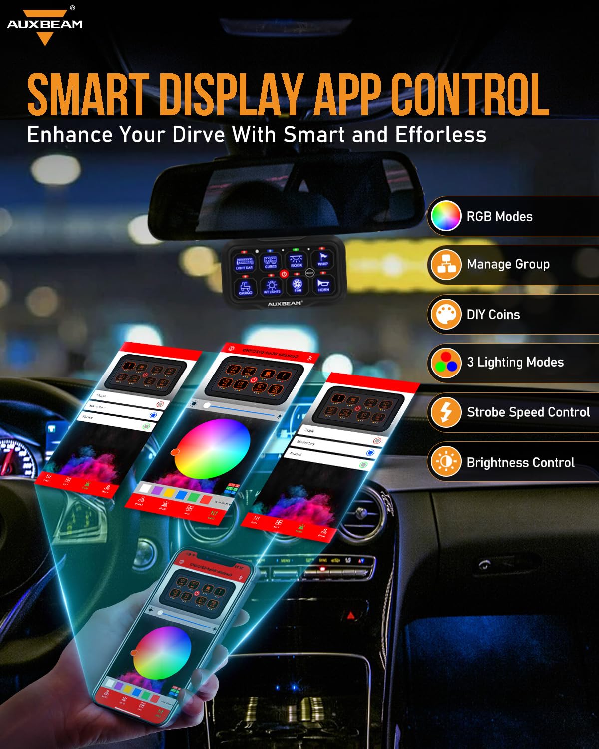 Auxbeam 8 Gang Switch Panel Bluetooth Ar-800 Rgb Switch Pod With Backlit Off Toggle Momentary Pulsed Auxiliary Switch Panel For