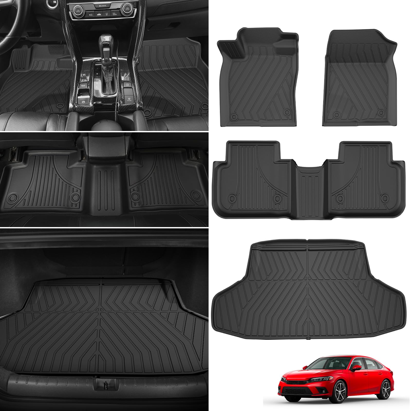 Fit for 2025 2024 2023 2022 Honda Civic Sedan Si Floor Mats & Cargo Liner: All Weather Protection TPE Car Floor Liners with Trun