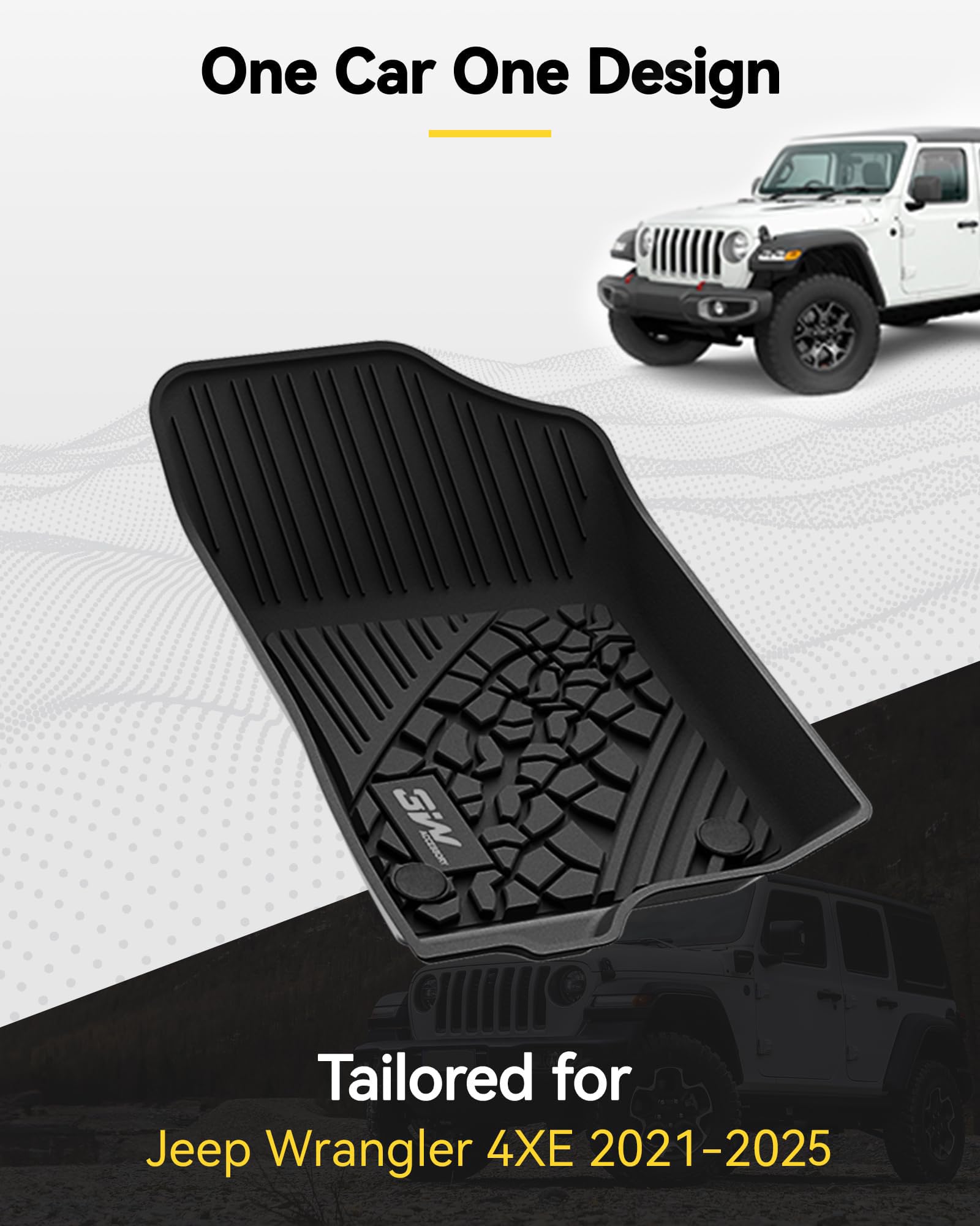 3W Custom Fit Floor Mats & Cargo Liner for Jeep Wrangler 4XE 2021-2025, Heavy Duty TPE Rubber, All Weather, Black