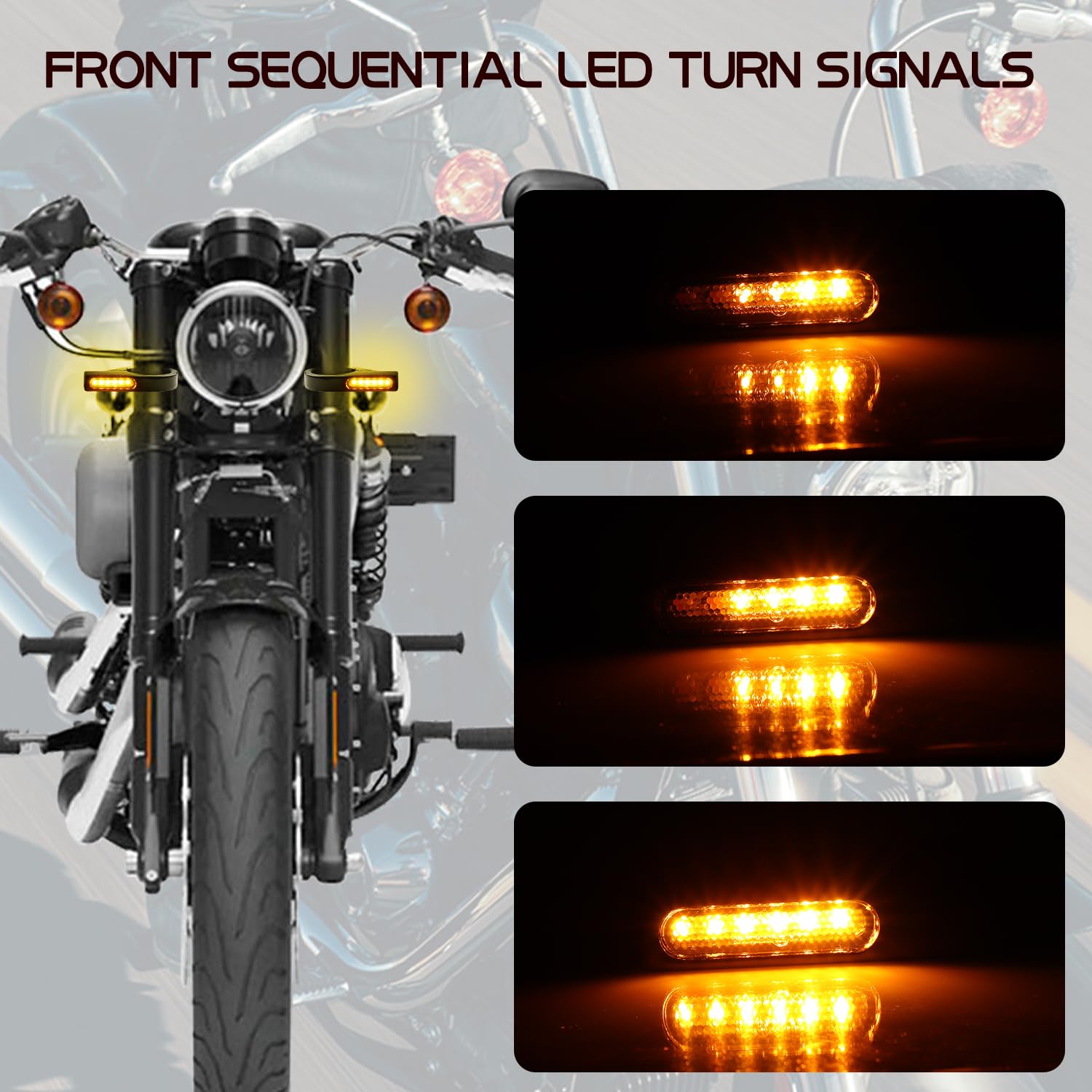 MotoParAcc Switchback Sequential Front Fork LED Turn Signals with Relocation Kit, Motorcycle Running Lights for 39-41mm Front Mo