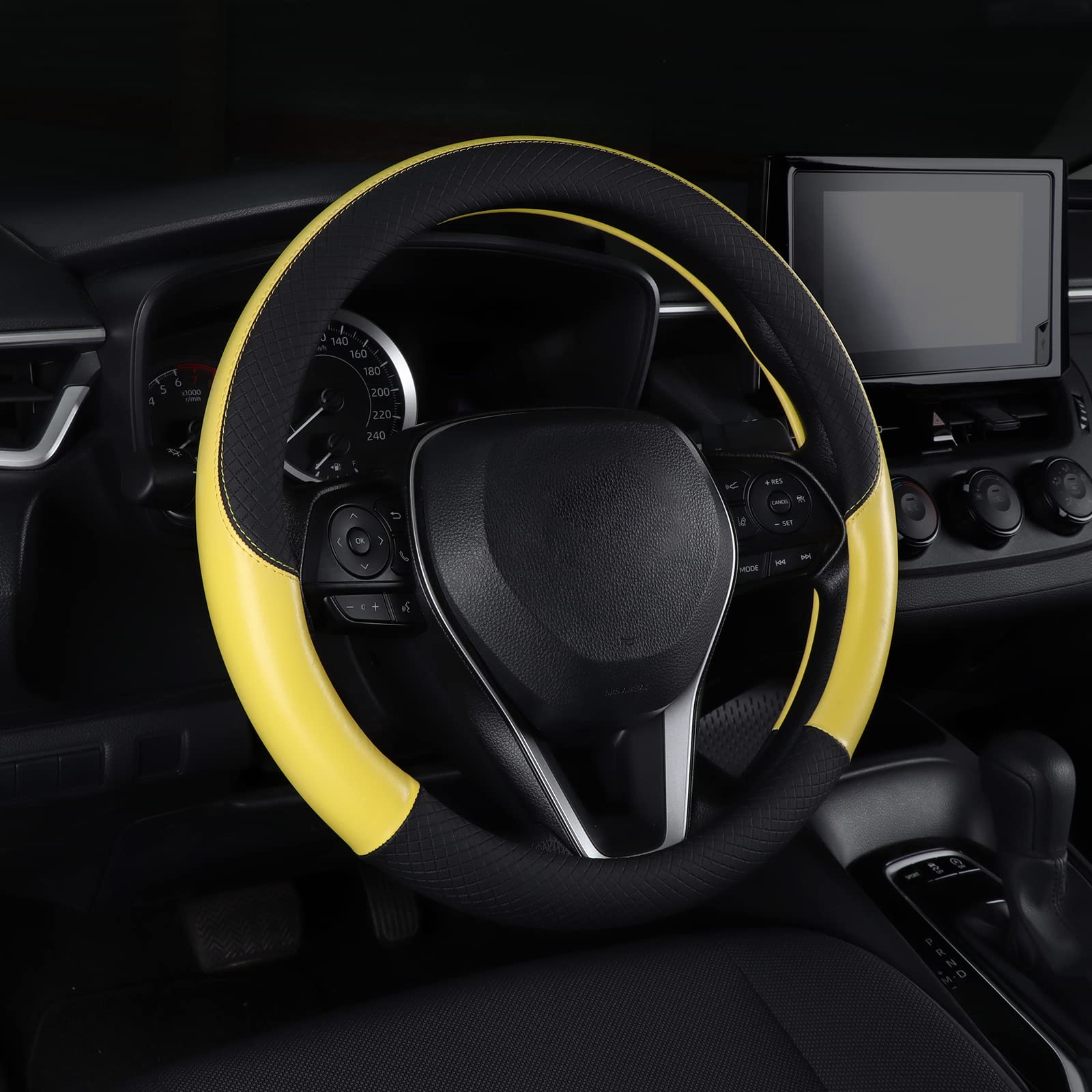 Follicomfy Auto Car Genuine Leather Steering Wheel Cover Anti Slip Wrap 15'' (Yellow)
