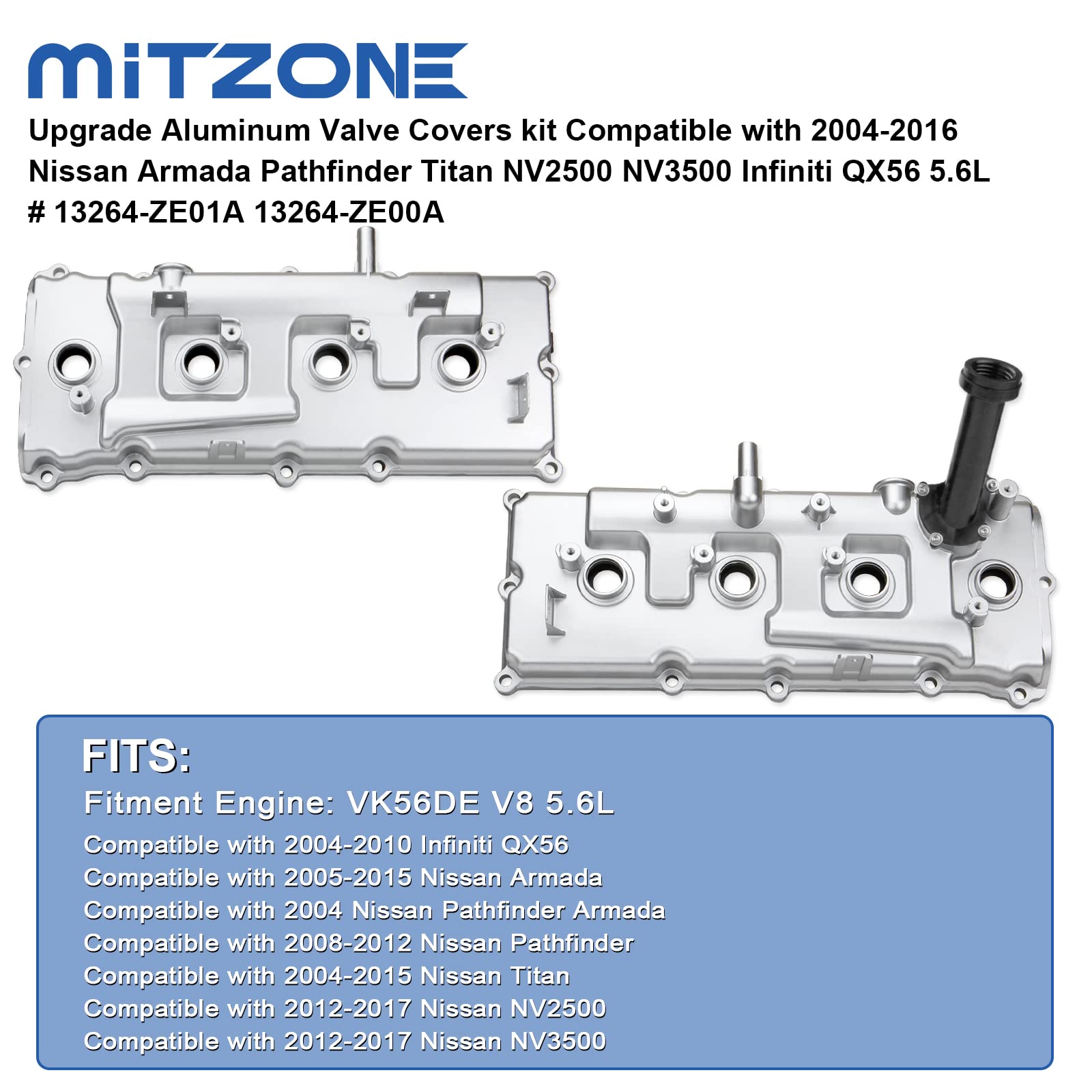 MITZONE Aluminum Valve Covers Kit for Nissan Armada/Pathfinder/Titan NV3500 QX56 5.6L - Upgrade Silver Finish, Compatible Parts #13264-ZE01A/ZE
