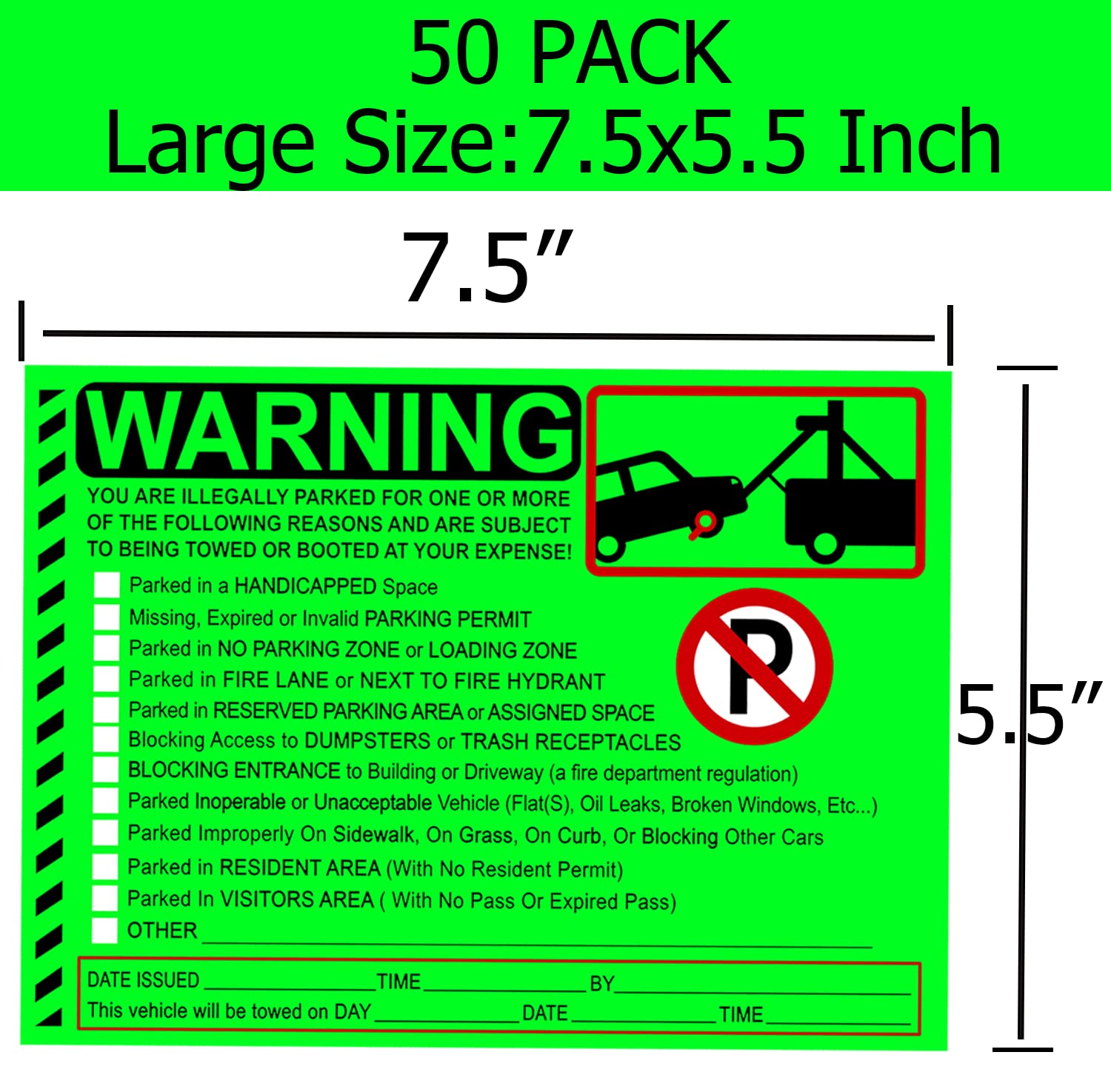 Pop Resin Parking Violation Stickers - 50 Pcs Fluorescent Green Adhesive Labels, 5.5x7.5 inch, Gloss Paper, Model 01