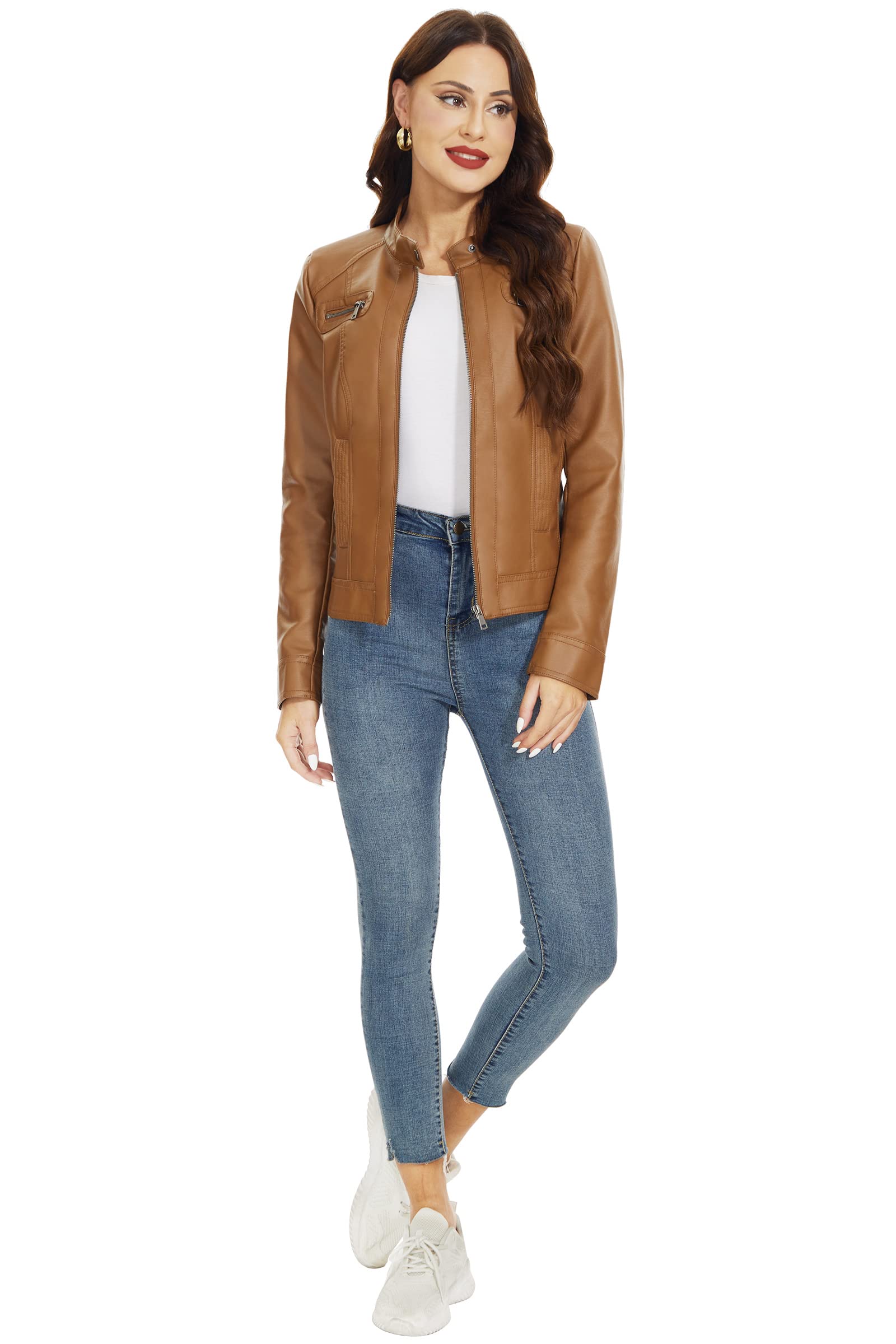 Fahsyee Womens Faux Leather Jackets, Zip Up Motorcycle Short Pu Moto Biker Outwear Fitted Slim Coat Size Xxl Camel