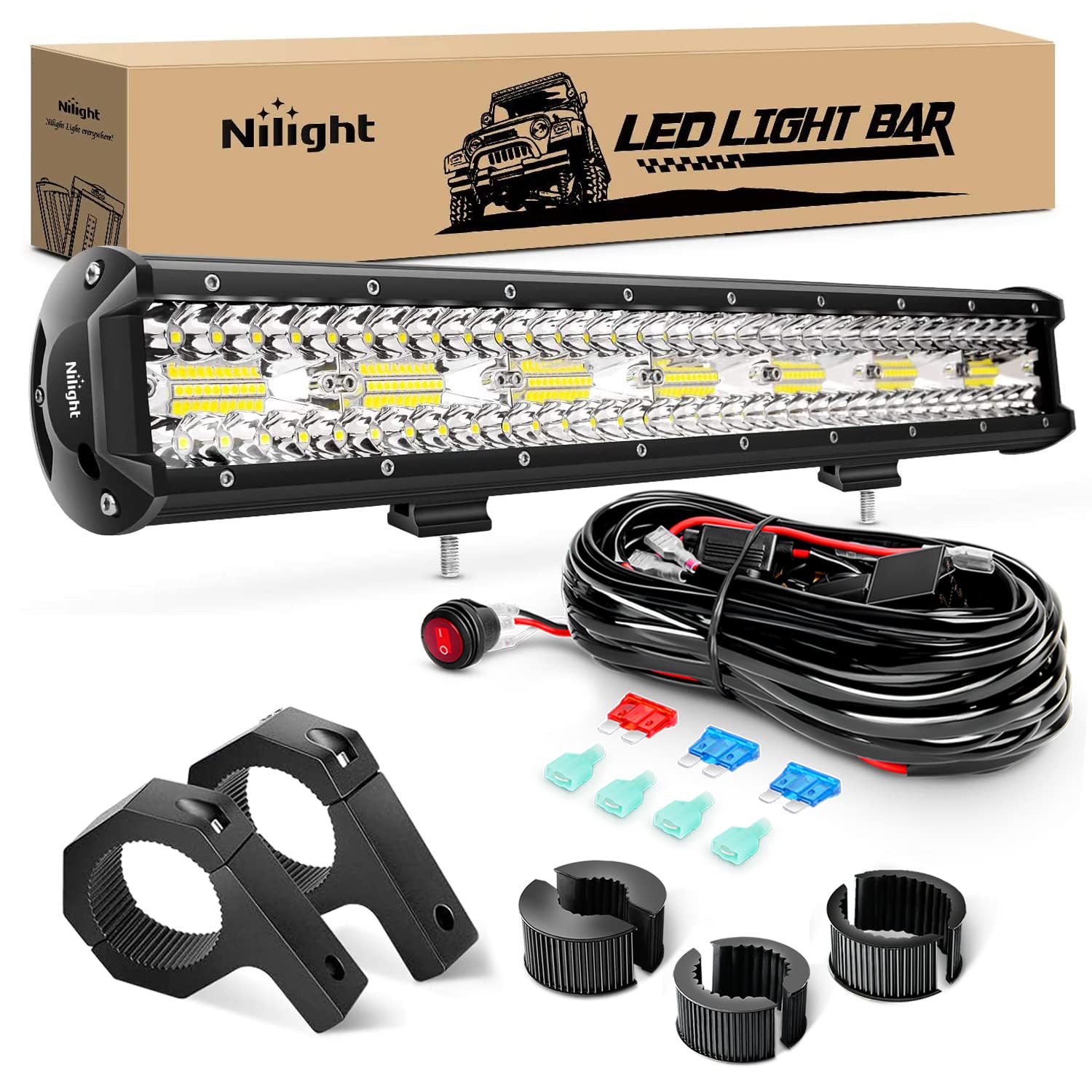 Nilight 20Inch 420W Triple Row Flood Spot Combo 42000Lm Bar Driving Boat Led Off Road Lights With Mounting Bracket 16Awg Wiring