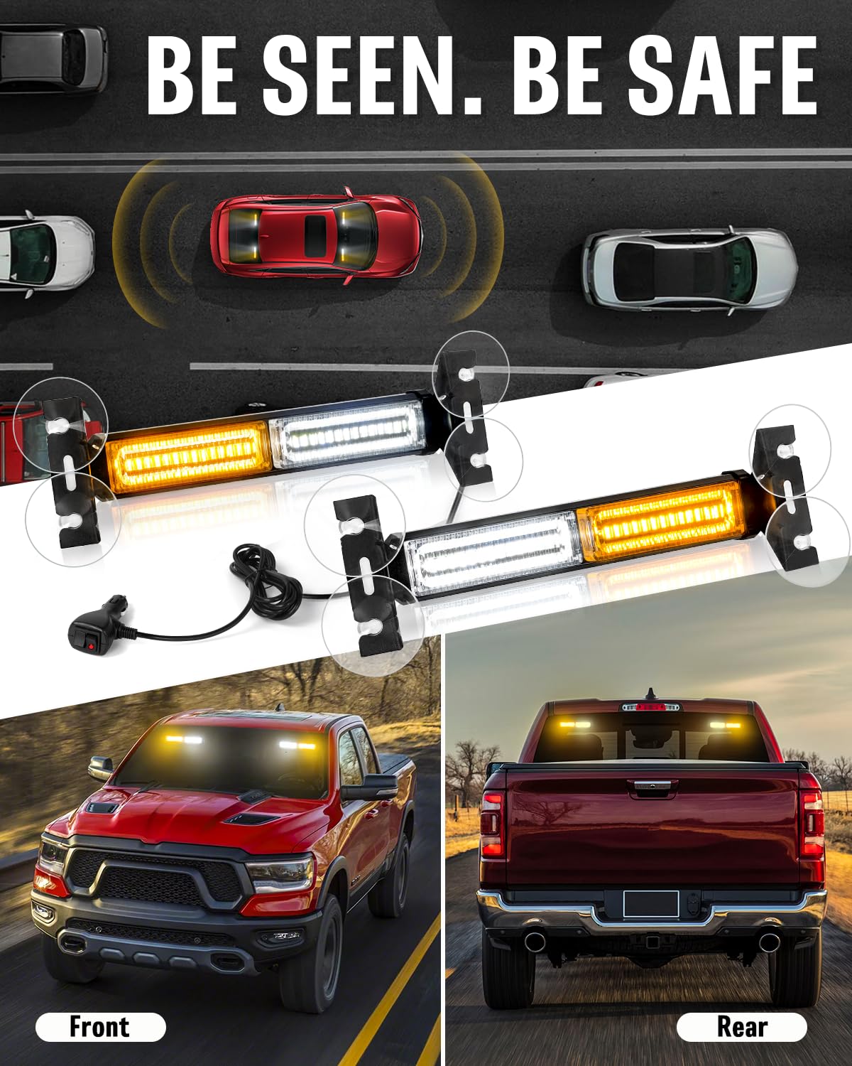 HLauto 1002L Emergency Strobe Traffic Advisor Light Bar, 40 LED Amber/White, Aluminum, 2x10.7 inch, Safety Warning for Vehicles