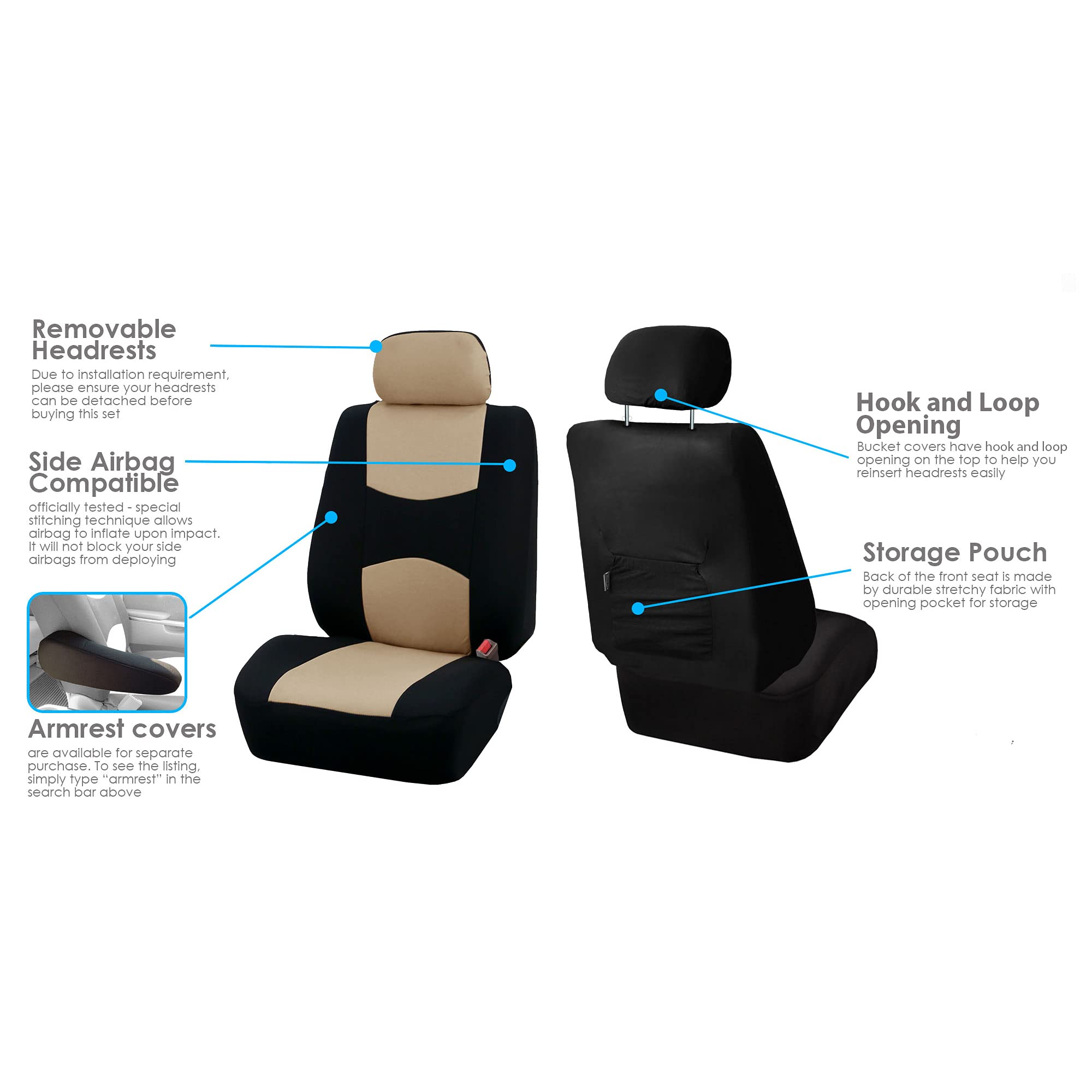 Fh Group Front Set Cloth Car Seat Covers For Low Back Car Seats With Removable Headrest, Universal Fit, Airbag Compatible Car Se