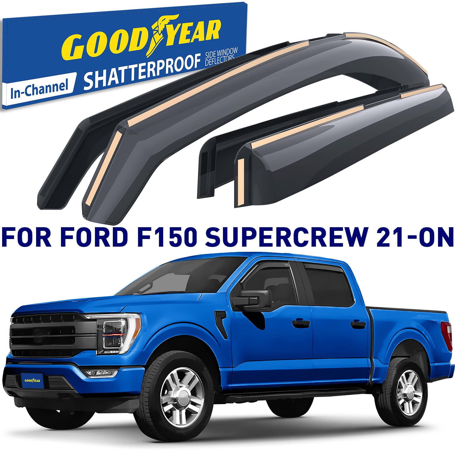 Goodyear Shatterproof In-Channel Window Deflectors For Ford F150 2021-2025 Supercrew, Rain Guards, Window Visors For Cars, Vent