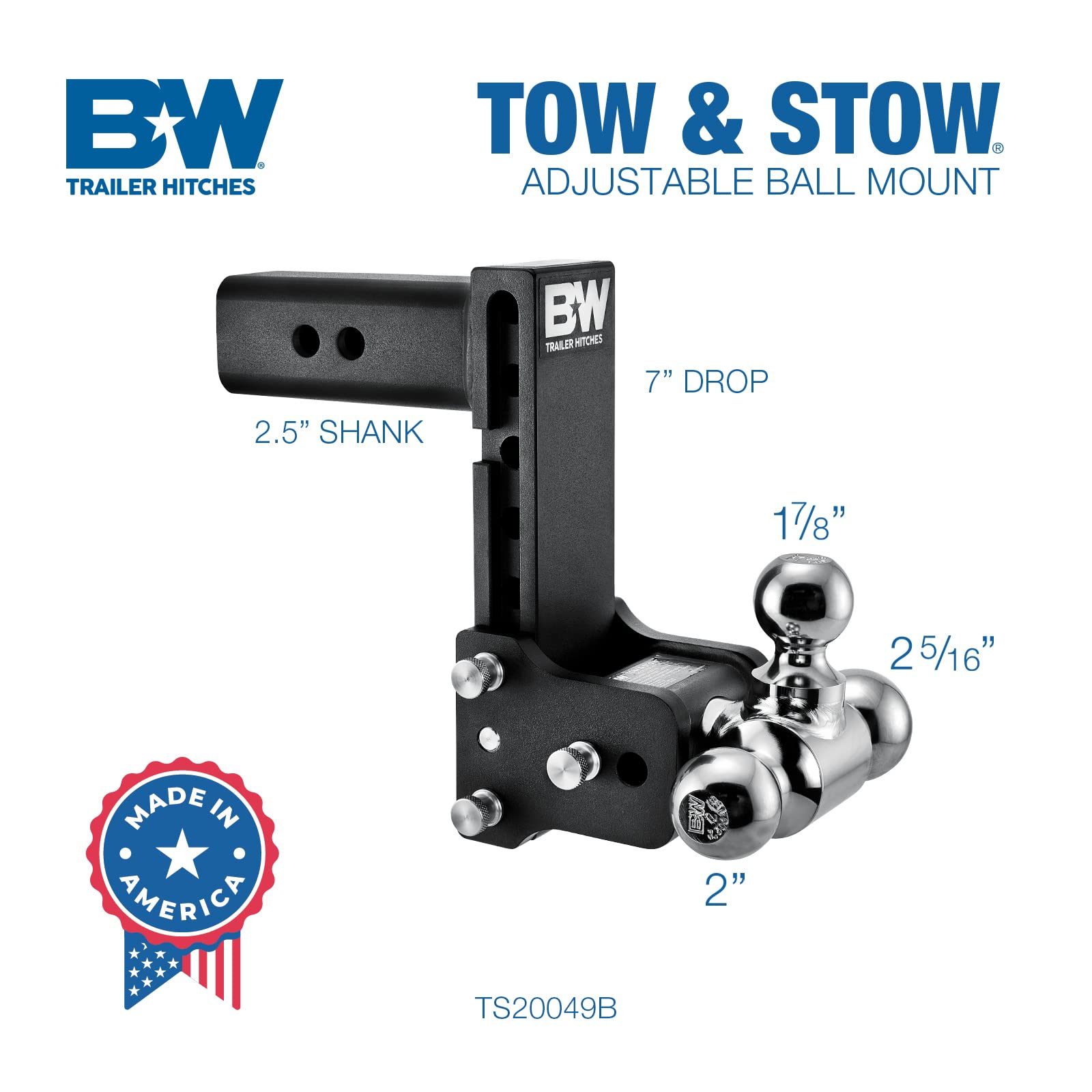 B&W Trailer Hitches Tow & Stow Adjustable Trailer Hitch Ball Mount - Fits 2.5' Receiver, Tri-Ball (1-7/8' X 2' X 2-5/16'), 7' Drop, 18,000 Gtw - Ts20049B