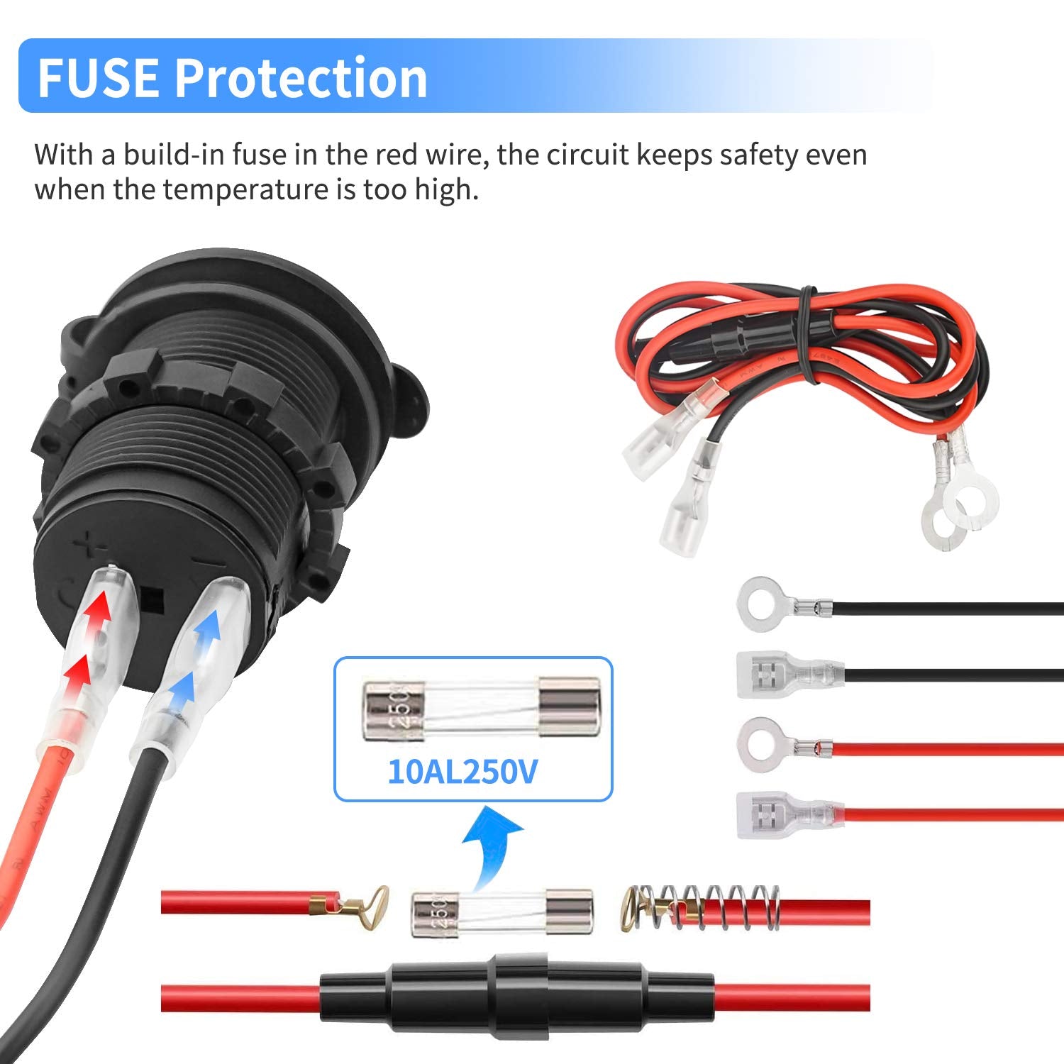 12V Car Cigarette Lighter Socket Waterproof and Dustproof plug socket for Car Truck Motobike Boats Marine ATV, with Fuse & 60cm
