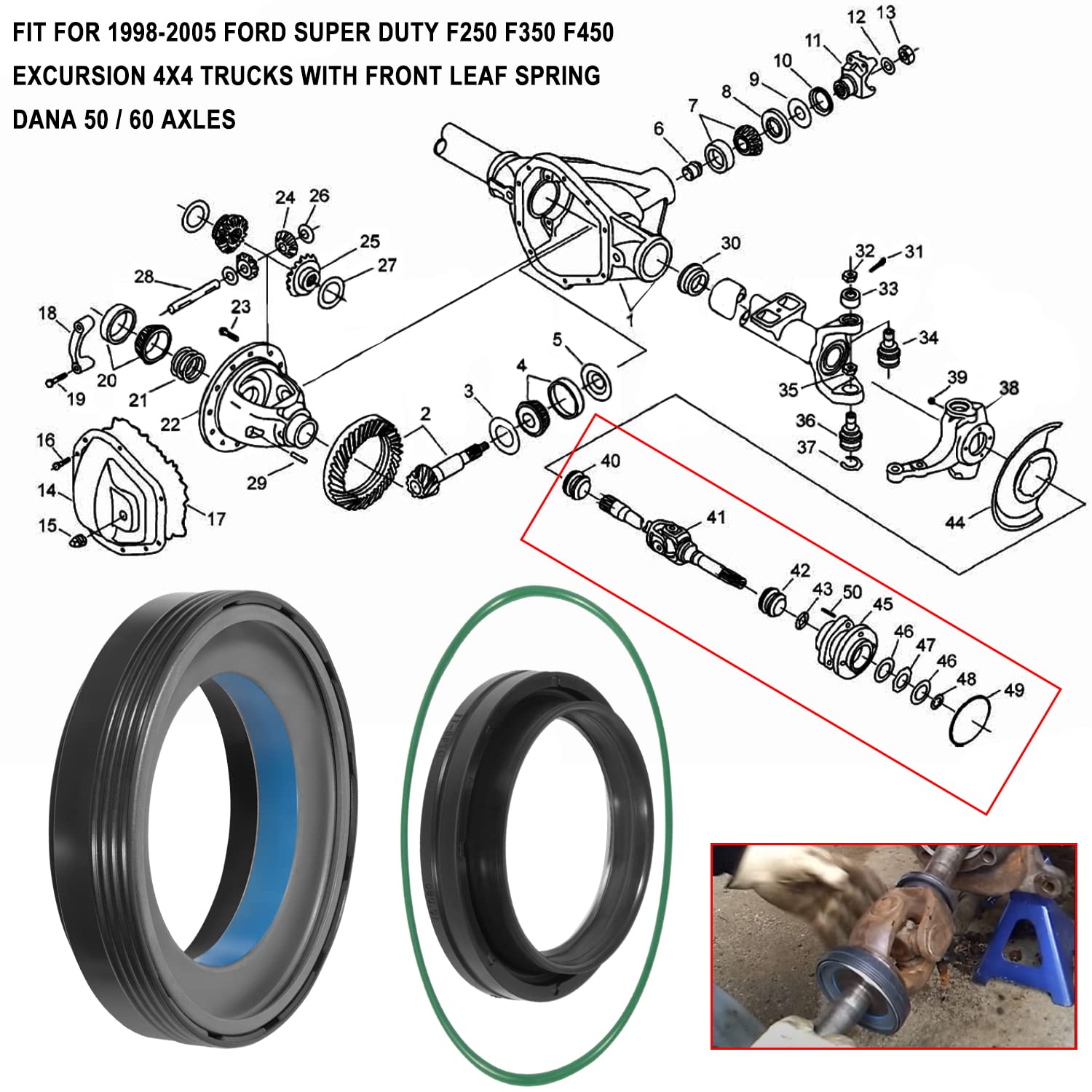 Front Axle Vaccum Knuckle & Tube Seal Kit Fit For 1998 1999 2000 2001 2002 2003 2004 Ford Super Duty Excursion F250 F350 F450 F5
