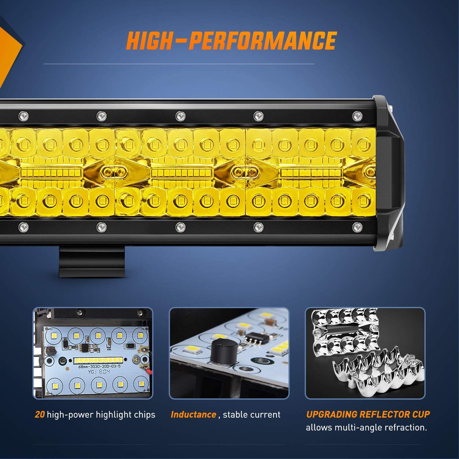 Nilight 20 Inch 420W Led Light Bar Yellow Triple Row Flood Spot Combo 42000Lm Driving Boat Led Off Road Lights With 12V On/Off 5