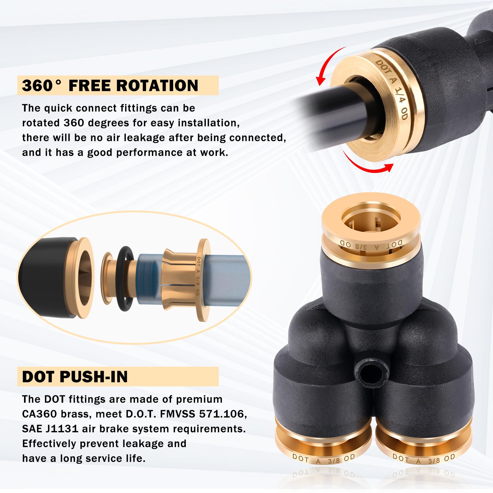 Cheemuii 39 Pcs Dot Air Line Quick Connect Fittings 1/4'' 3/8'' 1/2'' Push To Connect Fittings Dot Brass Air Hose Fittings Repai
