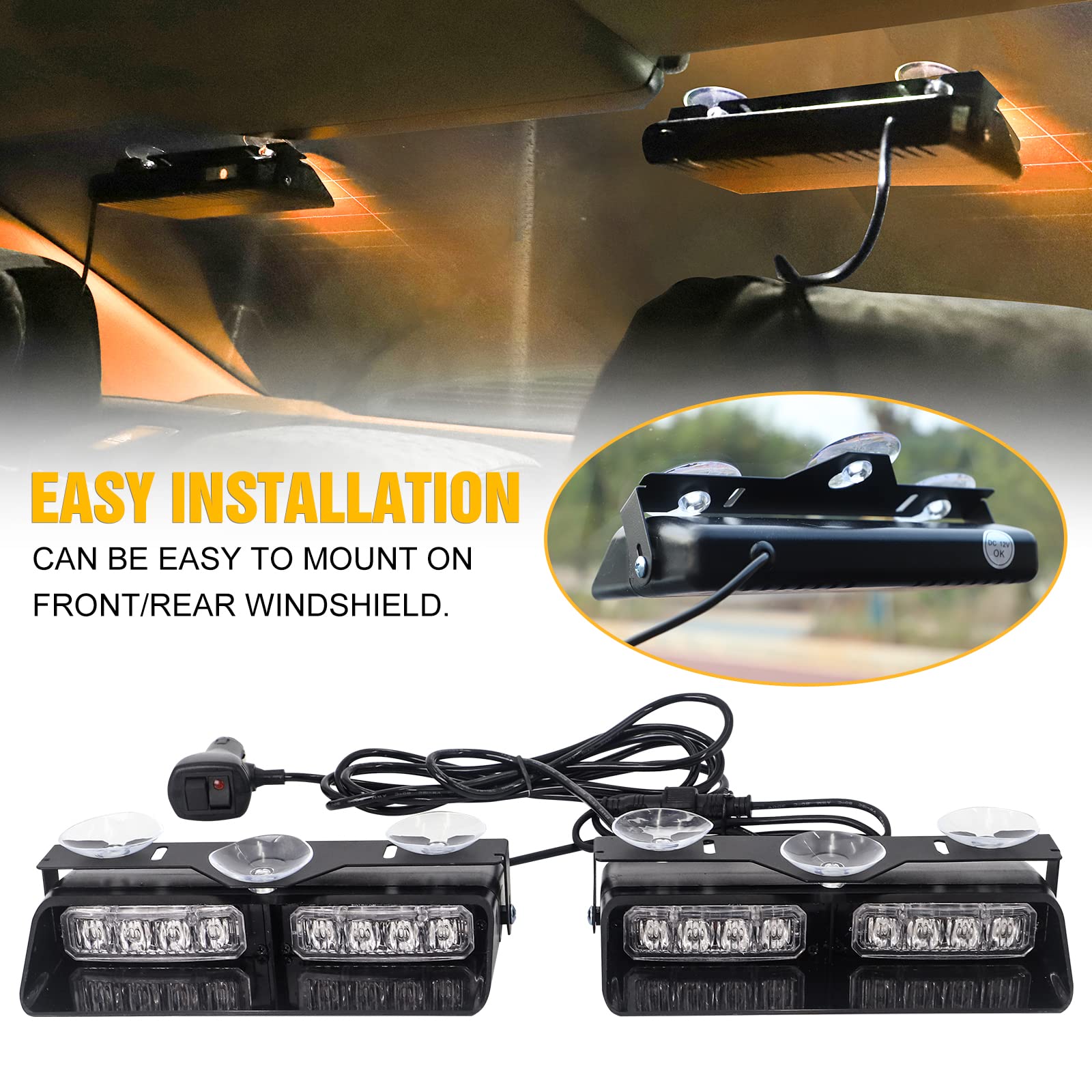 Xridonsen Amber 2 In 1 Emergency Dash Strobe Lights Interior Windshield Lights Hazard Warning Safety Flashing W/Suction Cups For
