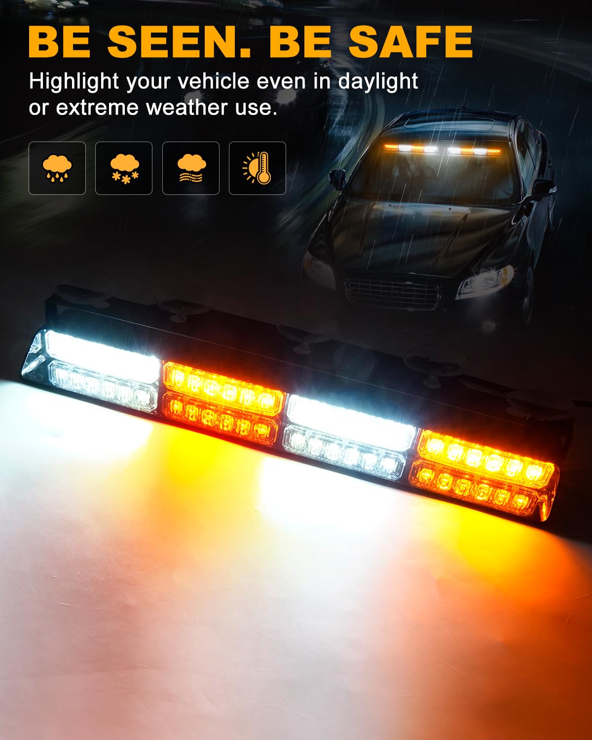 HLauto Emergency Dash Strobe Lights - 2x16.8" Amber/White LED Safety Light Bars, Model CA-6Z4J, ABS Case, for Trucks & Construction Vehicles