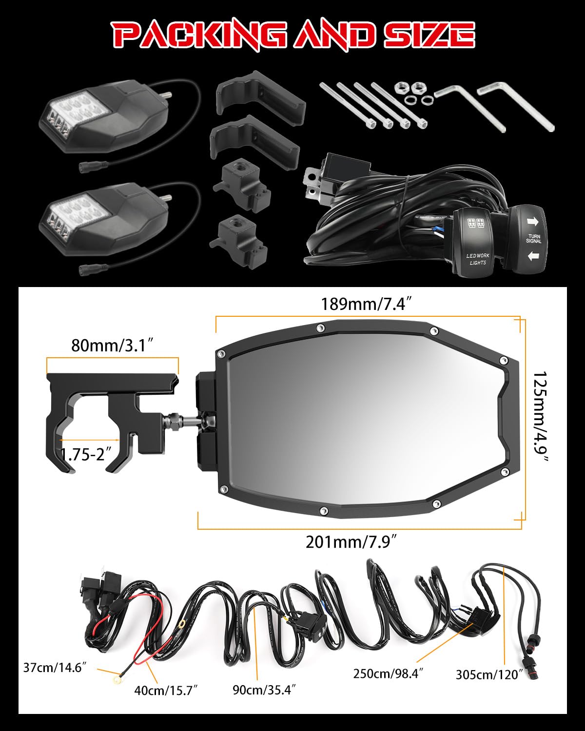 BraveWAY Side View Mirrors with Turn Signal & Work Lights for ATV/UTV, 1.75"-2", White+Amber(C-Bracket)