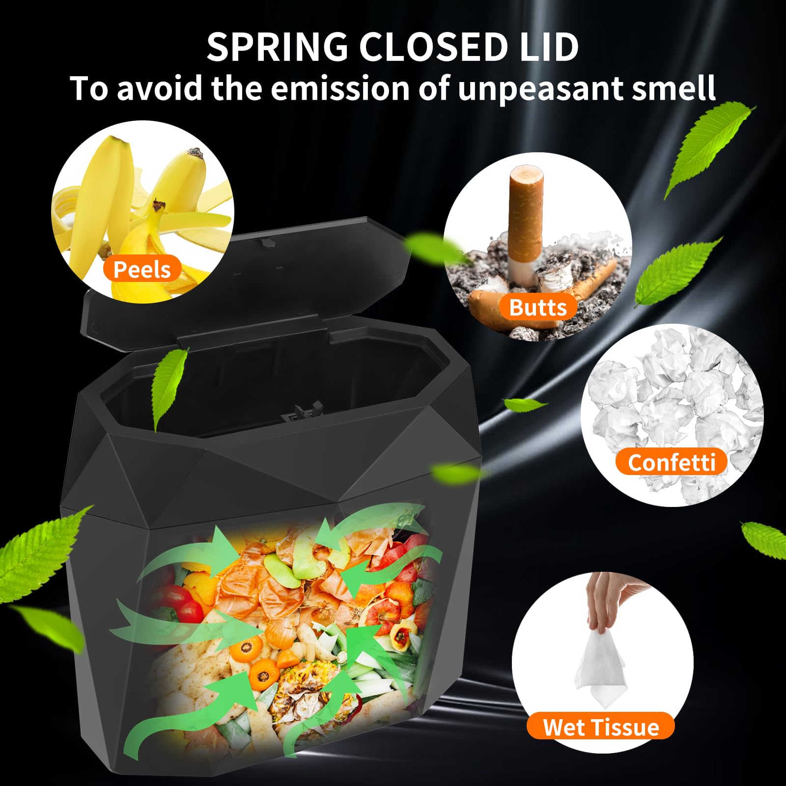 Wontolf Car Trash Can Bin With Lid, Small Car Garbage Can With 60Pcs Trash Bags Leakproof Mini Car Accessories Trash Bin Car Dus