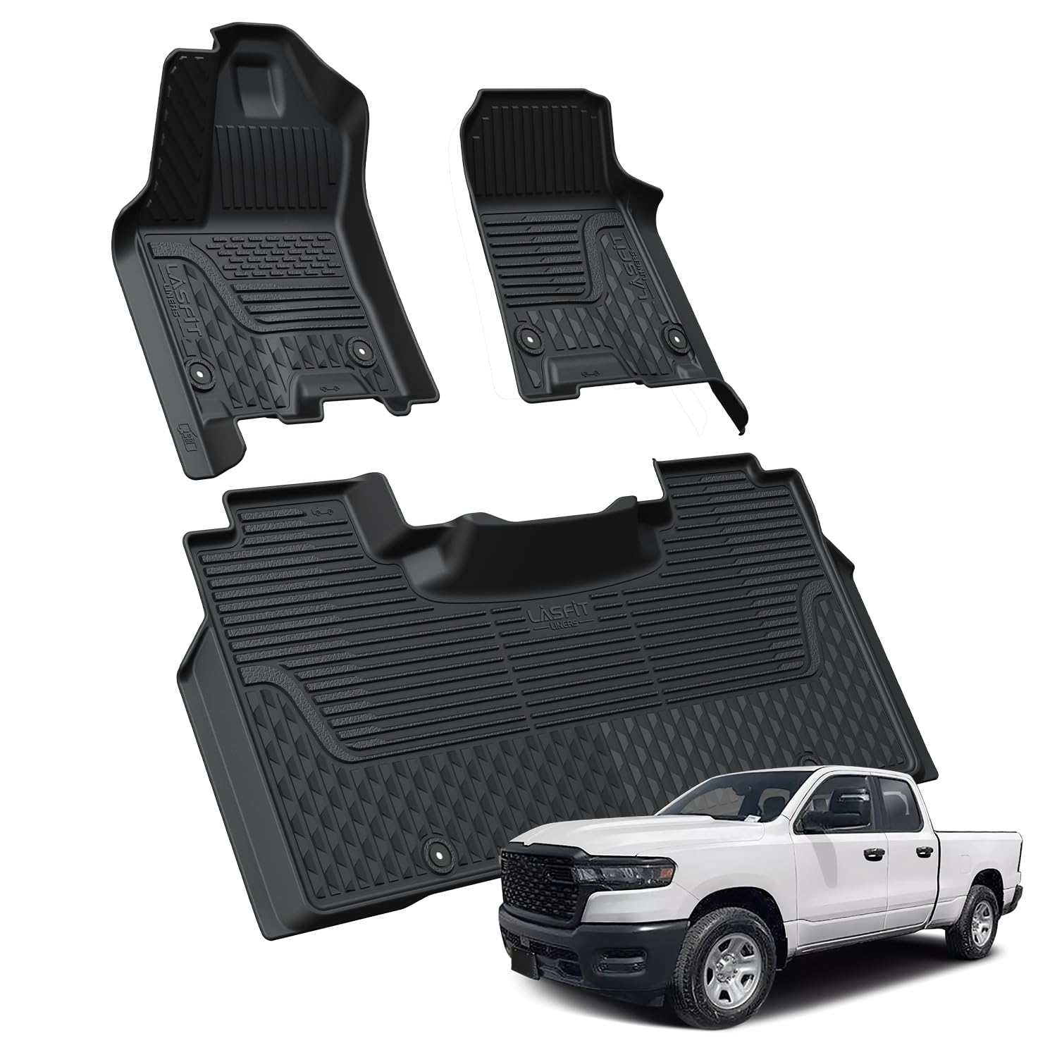 Lasfit Floor Mats For Ram 1500 Crew Cab 2025 With Rear Under-Seat Factory Storage Bucket Seat, All Weather Tpe Custom Fit Car Ma